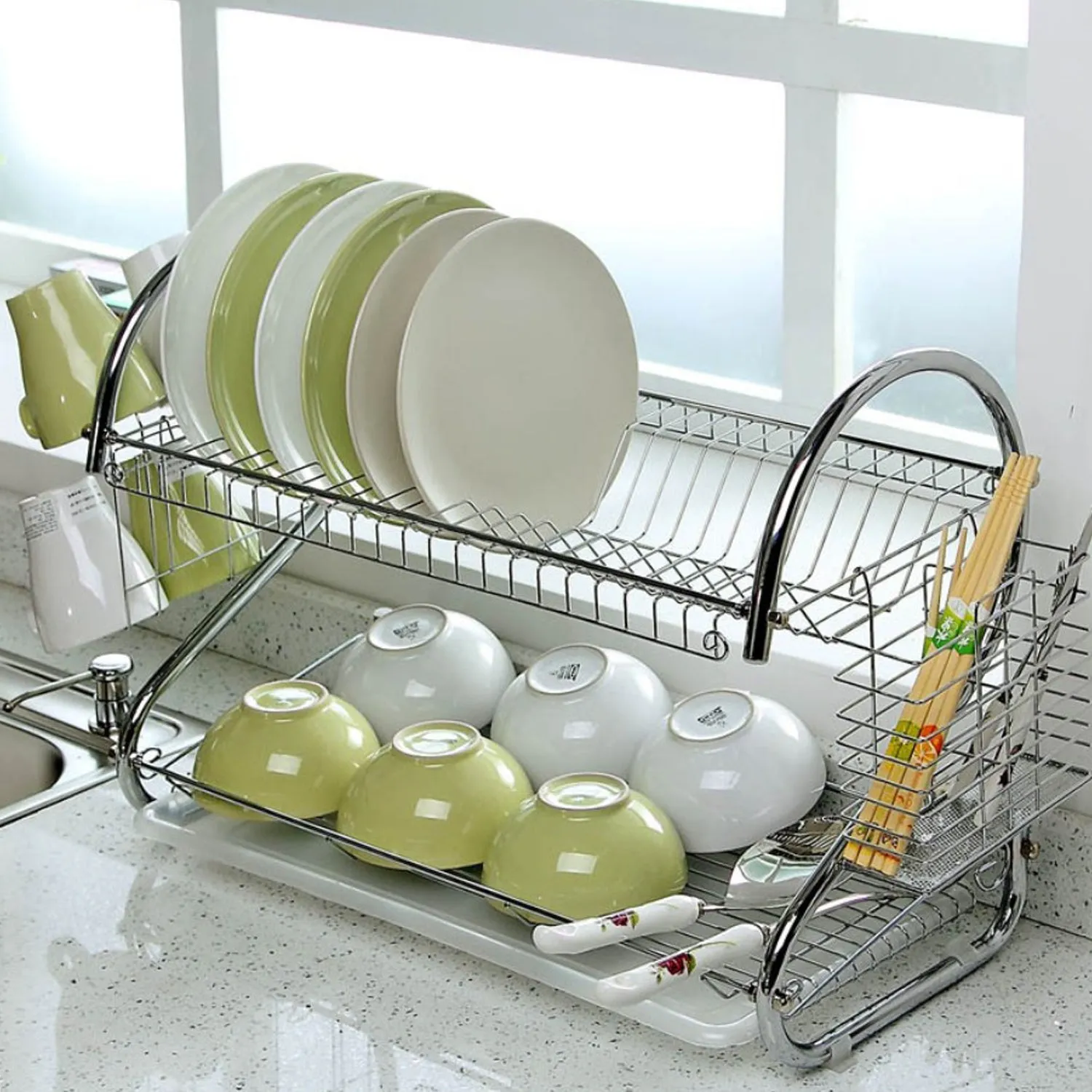 2962 Stainless Steel 2 Layer Kitchen Dish Rack / Plate Cutlery Stand