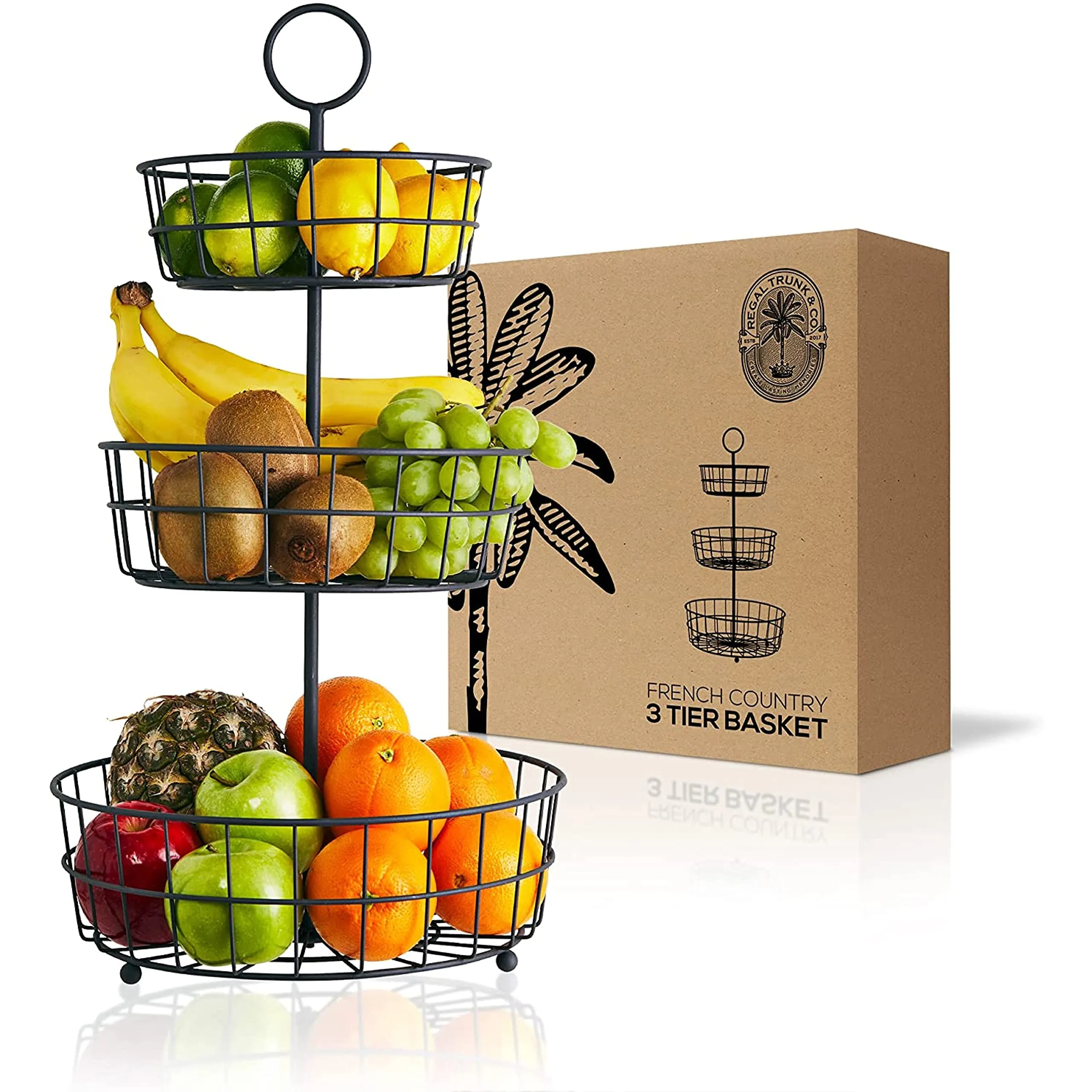 3 Tier Fruit Basket - French Country Wire Baskets By & Co. | Three Tier Wire Basket Stand