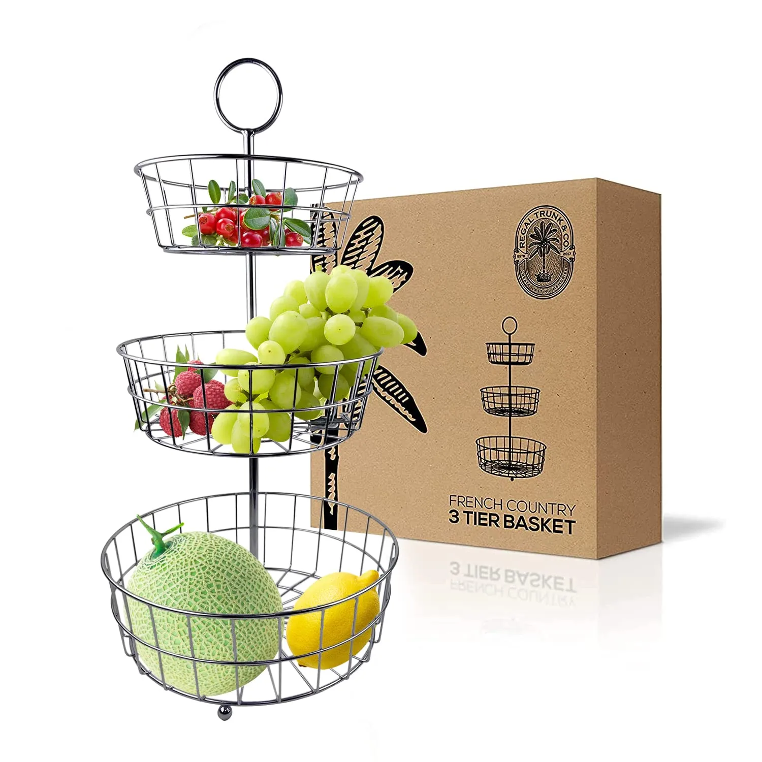 3 Tier Fruit Basket - French Country Wire Baskets By & Co. | Three Tier Wire Basket Stand