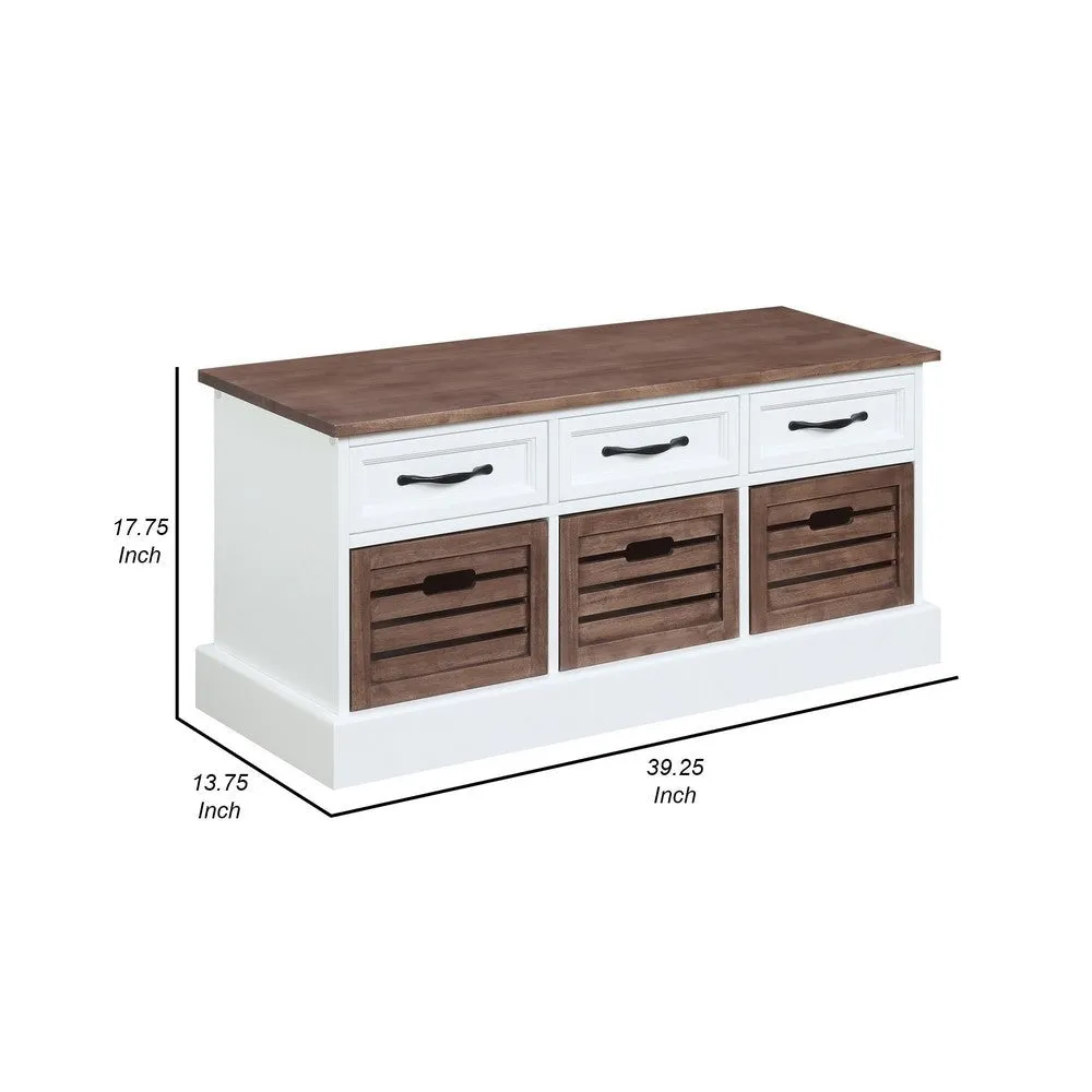 39 Inch Modern Storage Bench, 3 Drawers, Bar Handles, Wood, White, Brown By Casagear Home