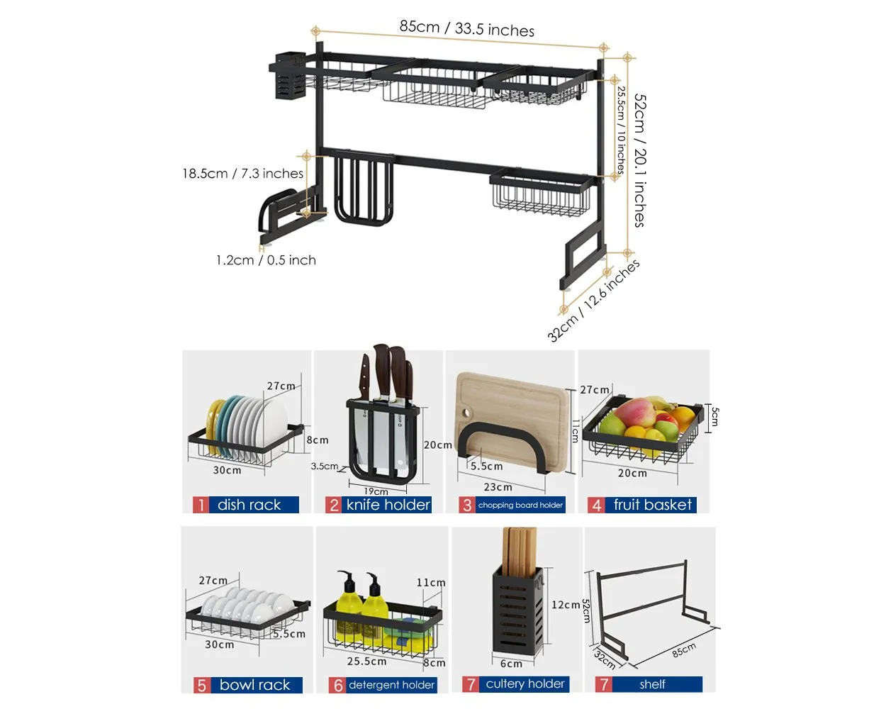 Dish Dying Rack 33.5 Inch Over Sink Storage Counter Organizer - Black