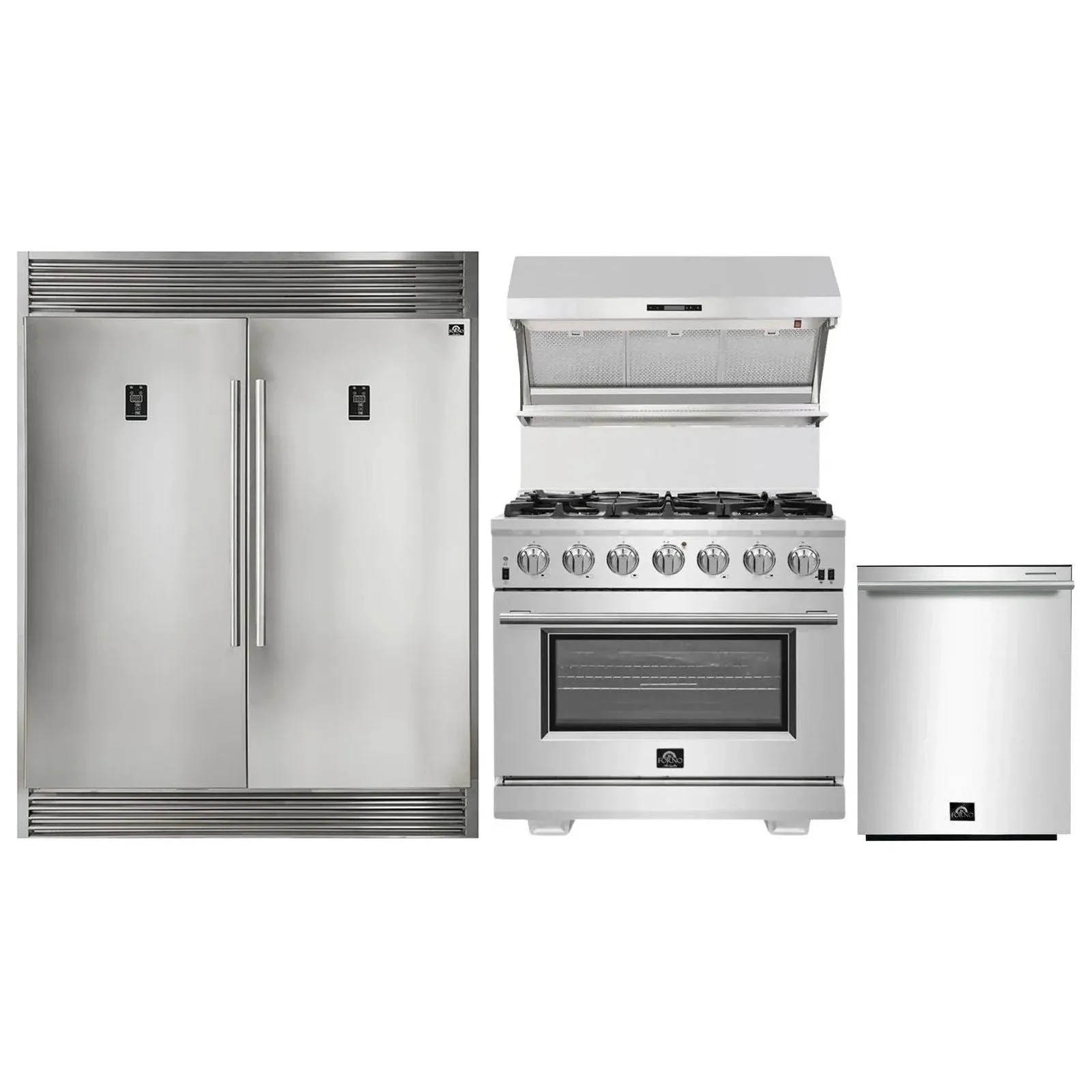 Forno 36" Gas Range, Wall Mount Hood with Backsplash, 56" Pro-Style Refrigerator and Stainless Steel Dishwasher Pro Appliance Package