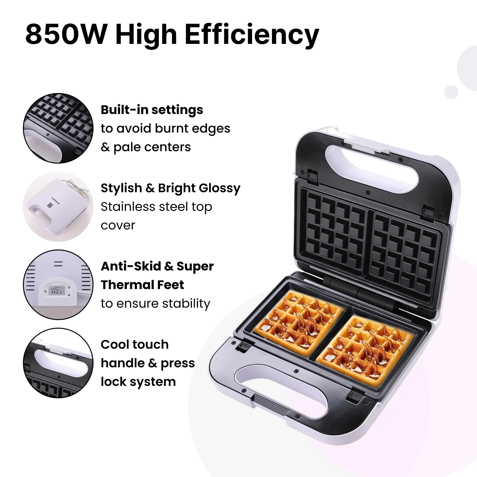 FUMATO Waffle Maker Machine 3 in 1 with Toast, Grill & Waffle Plates- 850W | Sandwich Maker Grill And Toast Electric with Nonstick detachable plates, Cool Touch Handle, Anti-Skid Feet- White