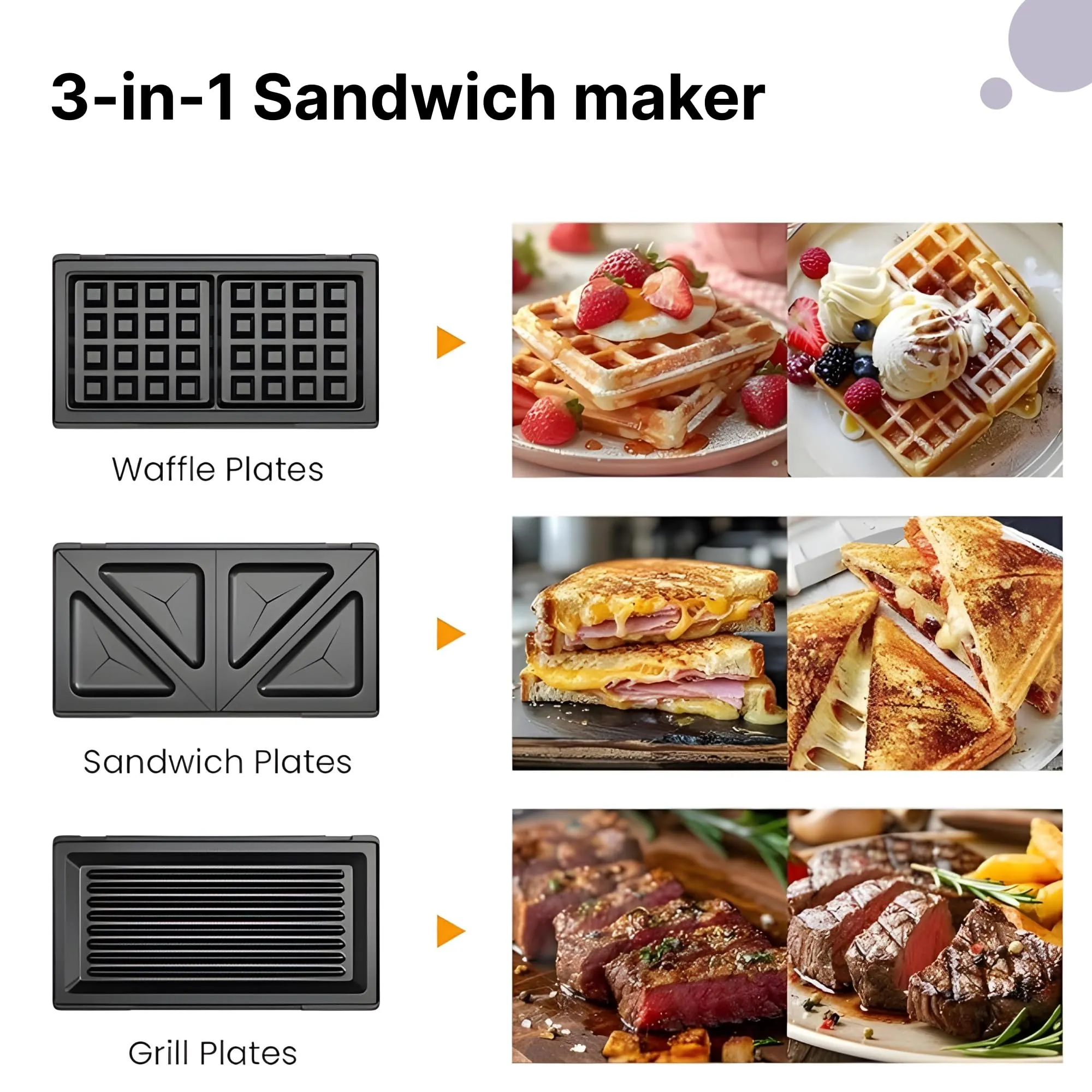 FUMATO Waffle Maker Machine 3 in 1 with Toast, Grill & Waffle Plates- 850W | Sandwich Maker Grill And Toast Electric with Nonstick detachable plates, Cool Touch Handle, Anti-Skid Feet- White