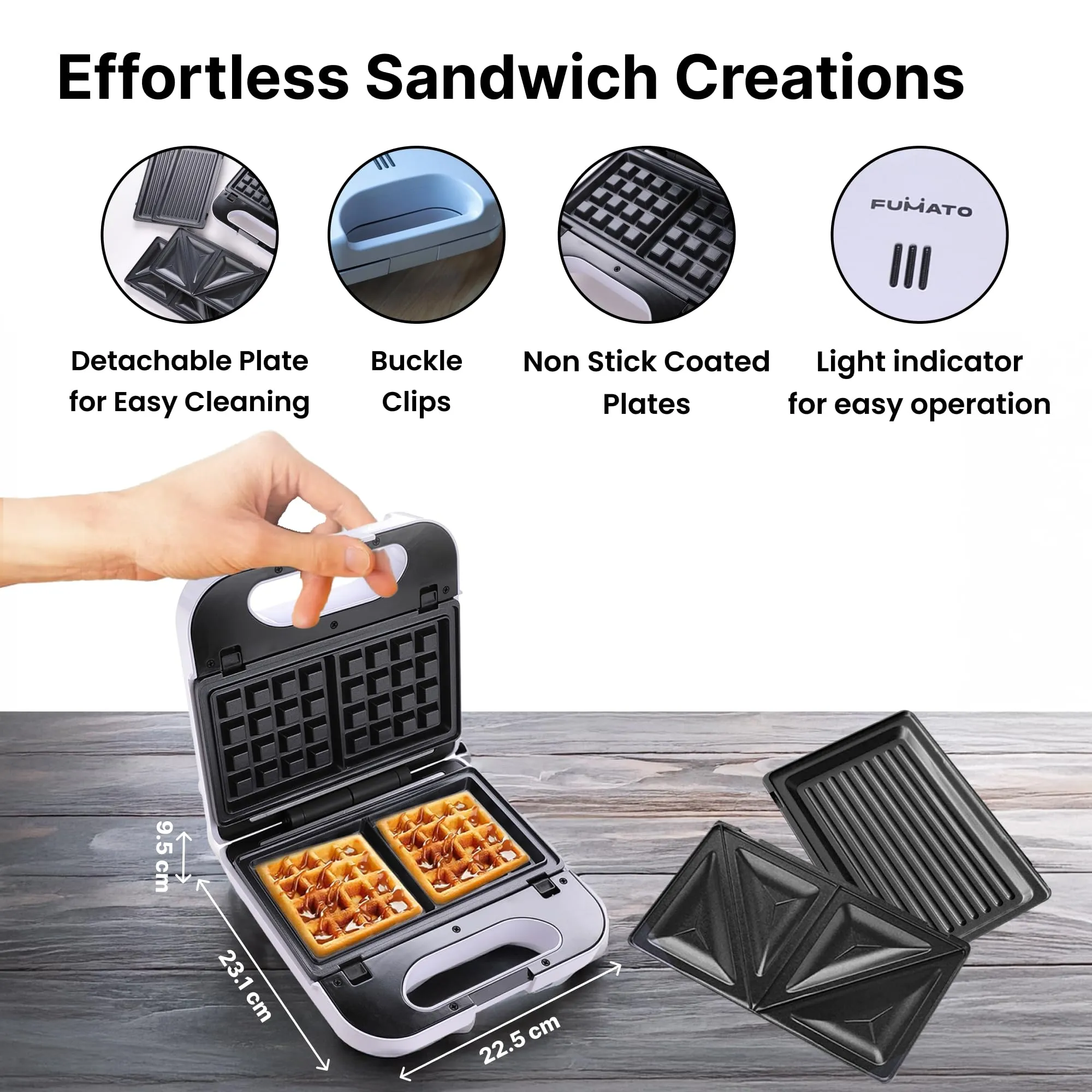 FUMATO Waffle Maker Machine 3 in 1 with Toast, Grill & Waffle Plates- 850W | Sandwich Maker Grill And Toast Electric with Nonstick detachable plates, Cool Touch Handle, Anti-Skid Feet- White