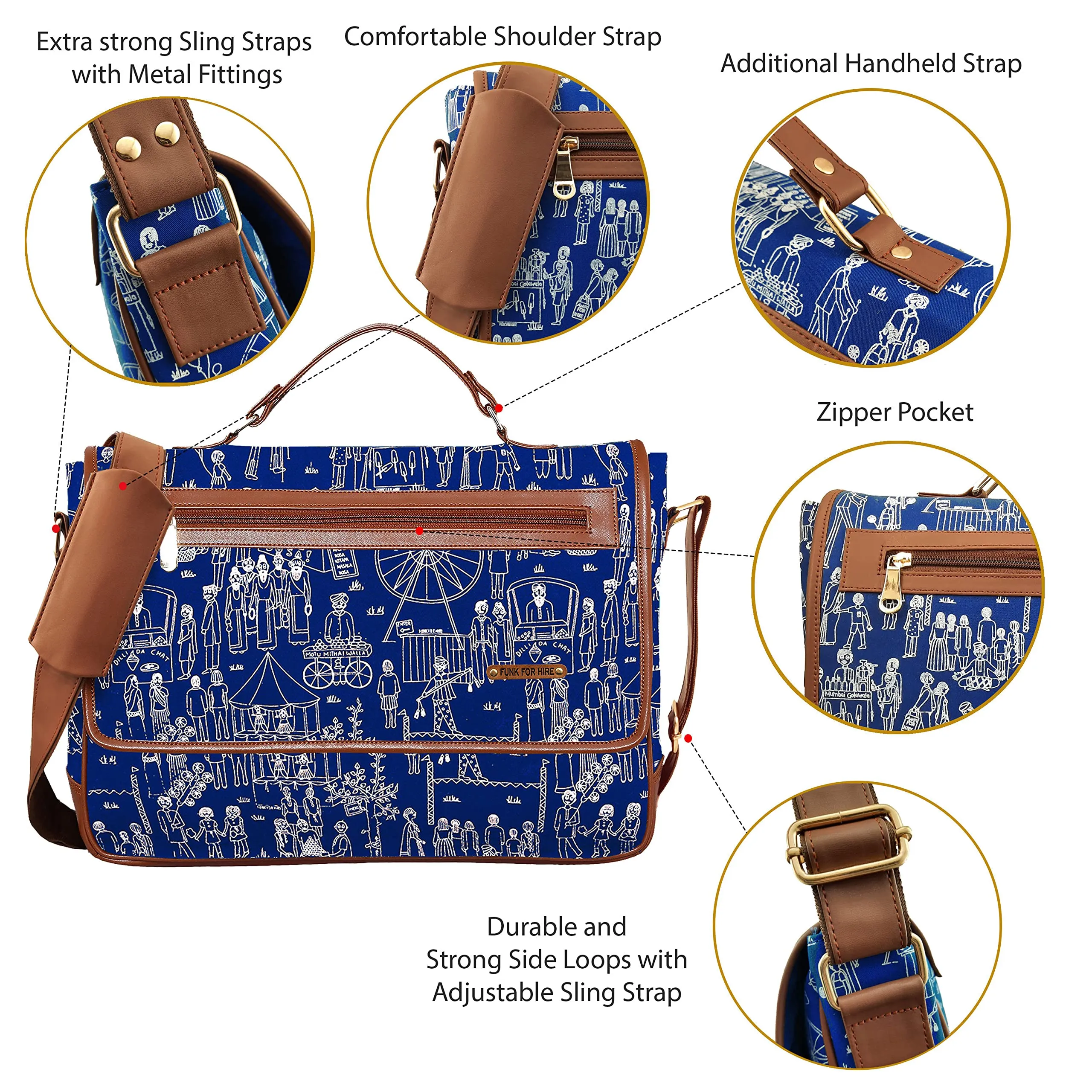 Funk For Hire Printed Flap Closure Petrol Blue Cotton Canvas & Faux Leather Laptop Sling Bag For Women - Fit Up To 15.6" Size