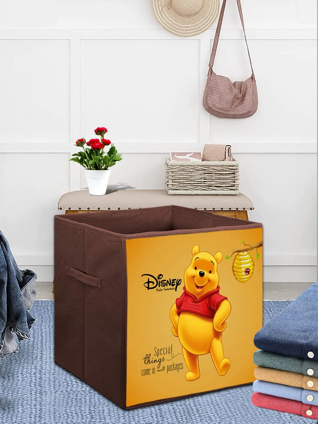 Heart Home Disney Winnie-The-Pooh Printed Non-Woven Foldable Storage Bin/Cube/Organizer For Toys, Clothes And Books With Handles (Brown) -HS43HEARTH26280