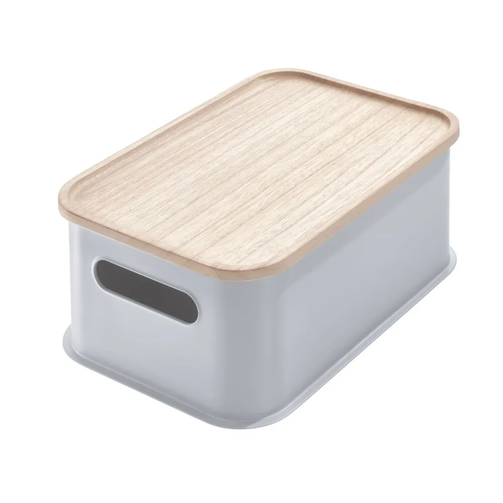 iDesign Eco BPA-Free Plastic Medium Lidded Bin with Handles, Wood/Gray