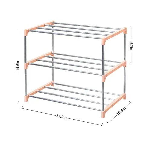 Jucaifu Stackable Small Shoe Rack, Entryway, Hallway and Closet Space Saving Storage and Organization (3-Tier, Pink)