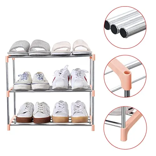 Jucaifu Stackable Small Shoe Rack, Entryway, Hallway and Closet Space Saving Storage and Organization (3-Tier, Pink)