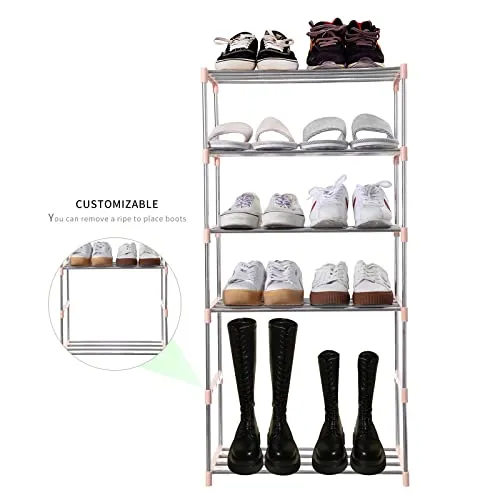 Jucaifu Stackable Small Shoe Rack, Entryway, Hallway and Closet Space Saving Storage and Organization (3-Tier, Pink)