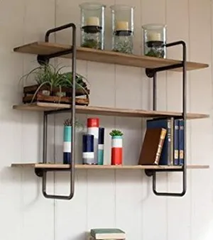 Kalalou 3 Tiered Metal Tube Frame Wall Shelf With Wooden Shelves