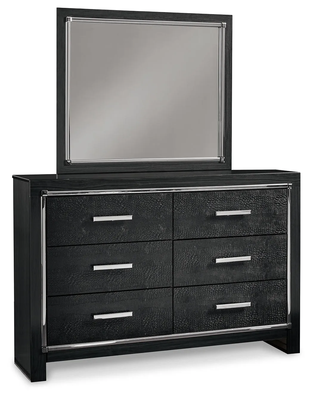 Kaydell Queen Upholstered Panel Storage Bed with Mirrored Dresser in Black