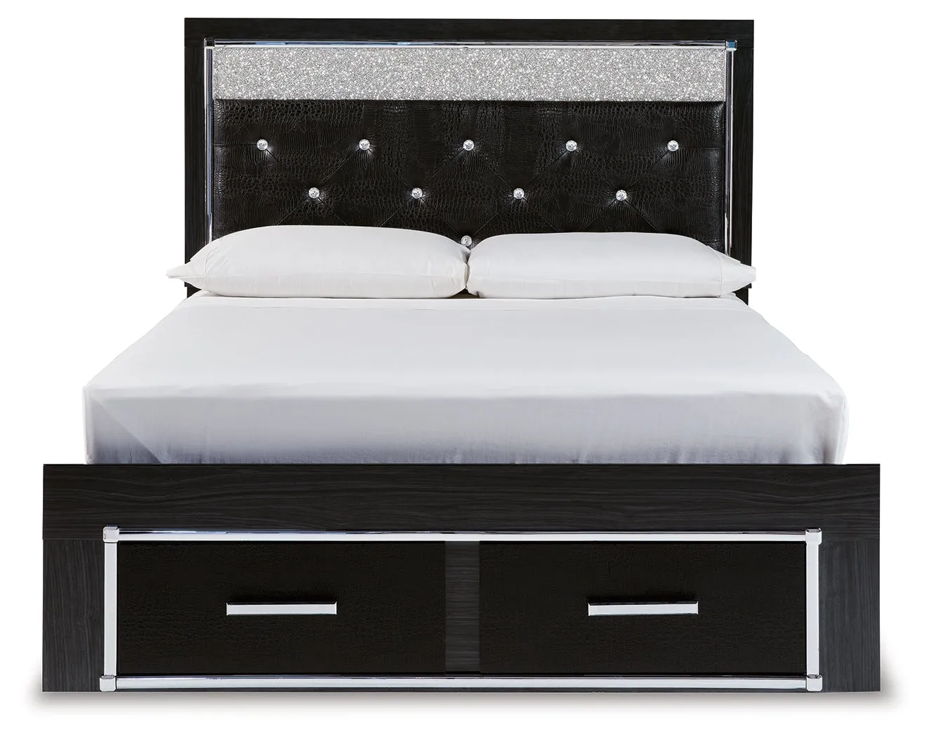 Kaydell Queen Upholstered Panel Storage Bed with Mirrored Dresser in Black