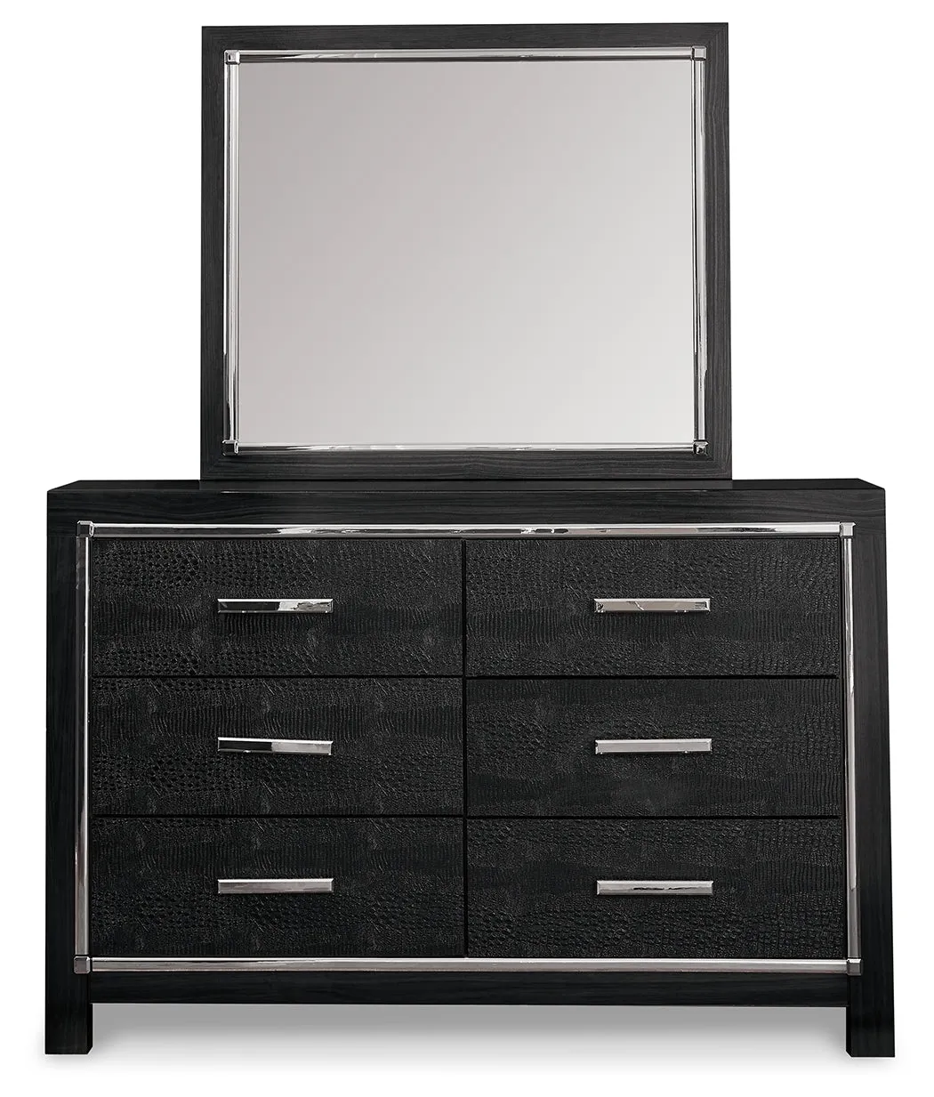 Kaydell Queen Upholstered Panel Storage Bed with Mirrored Dresser in Black