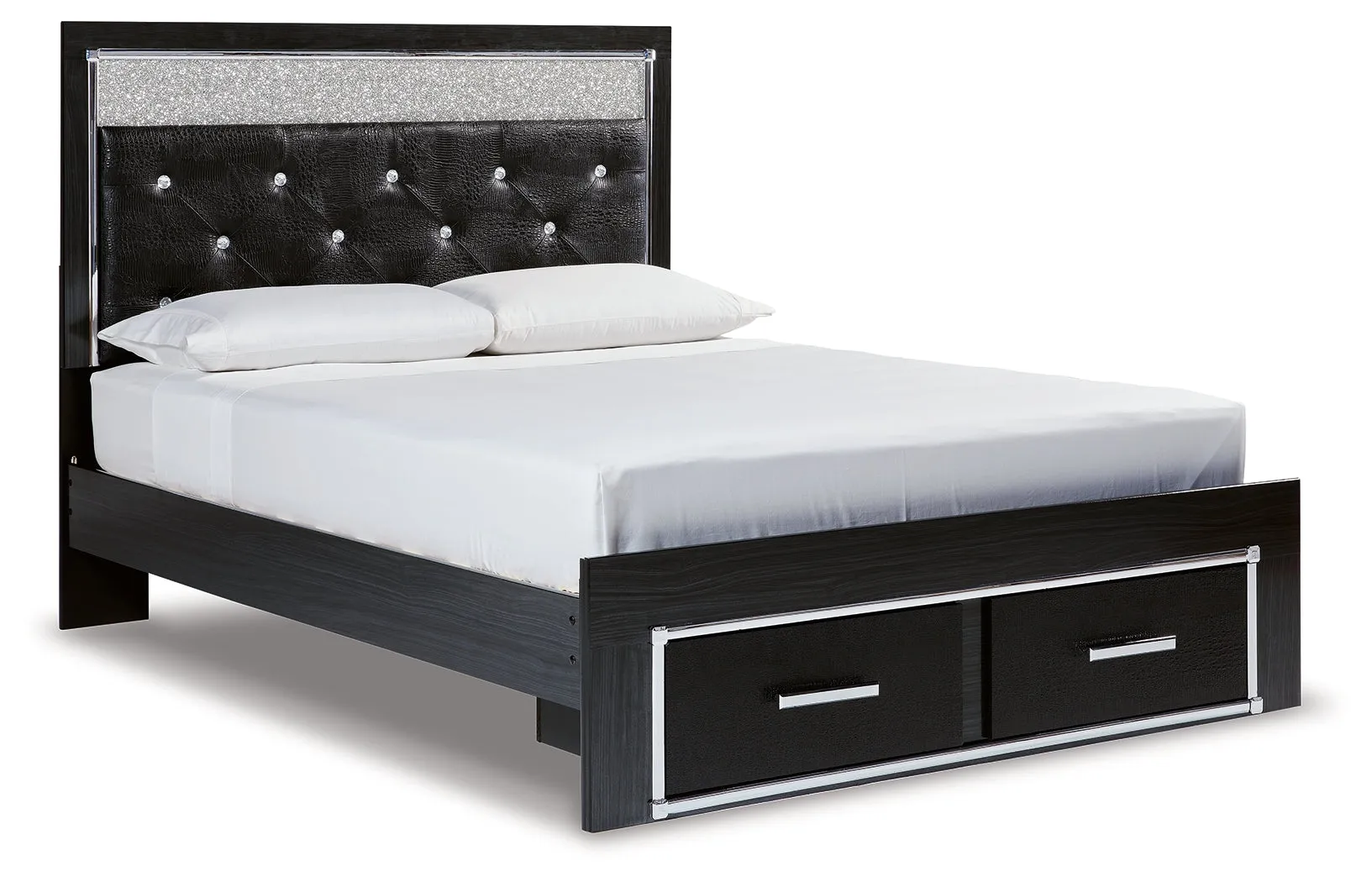 Kaydell Queen Upholstered Panel Storage Bed with Mirrored Dresser in Black