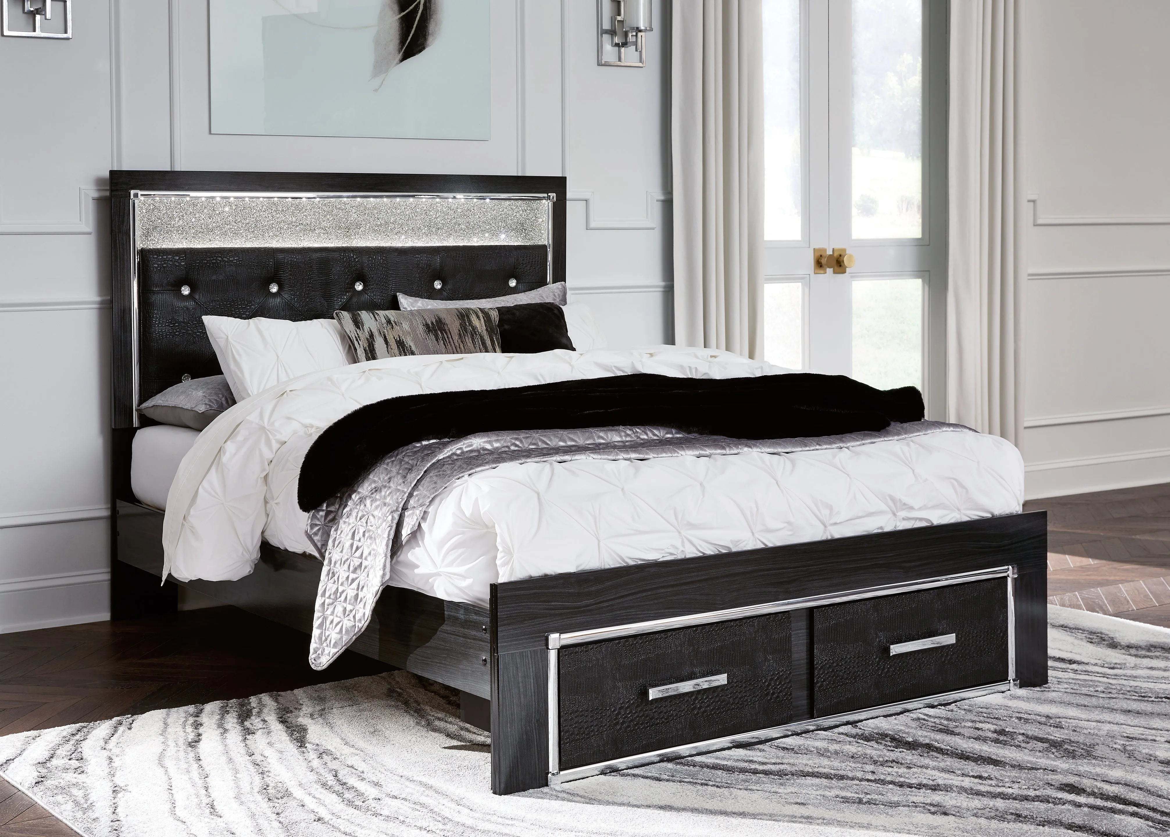 Kaydell Queen Upholstered Panel Storage Bed with Mirrored Dresser in Black