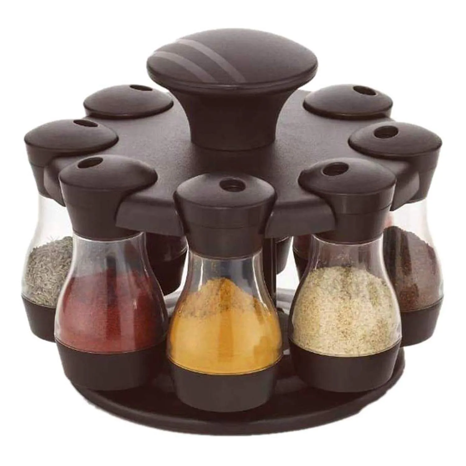 Kuber Industries 2 Pieces Multipurpose Revolving Plastic Spice Rack 8 Pieces Masala Box/Condiment Set/Masala Boxes for Kitchent (Brown) - CTKTC030862