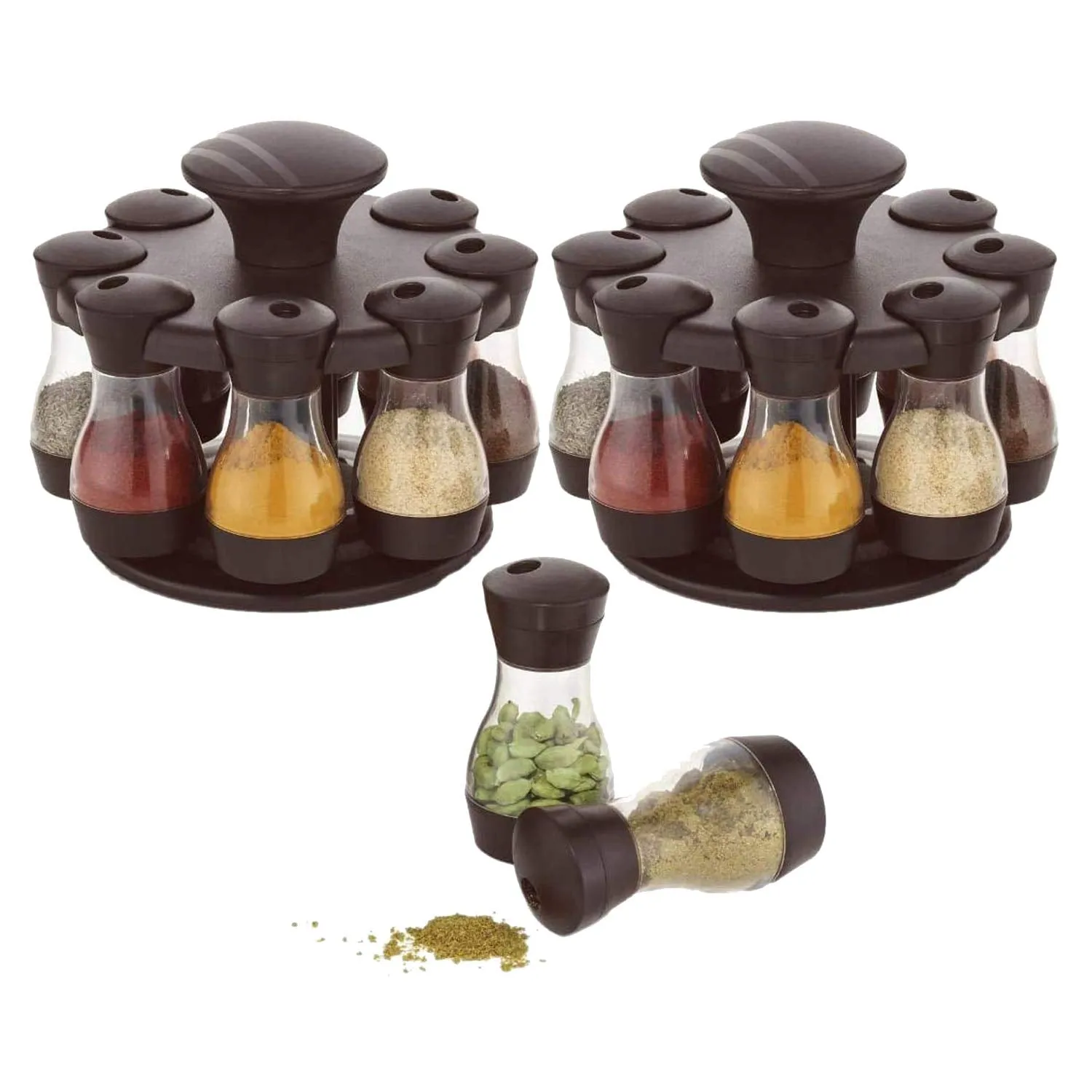 Kuber Industries 2 Pieces Multipurpose Revolving Plastic Spice Rack 8 Pieces Masala Box/Condiment Set/Masala Boxes for Kitchent (Brown) - CTKTC030862