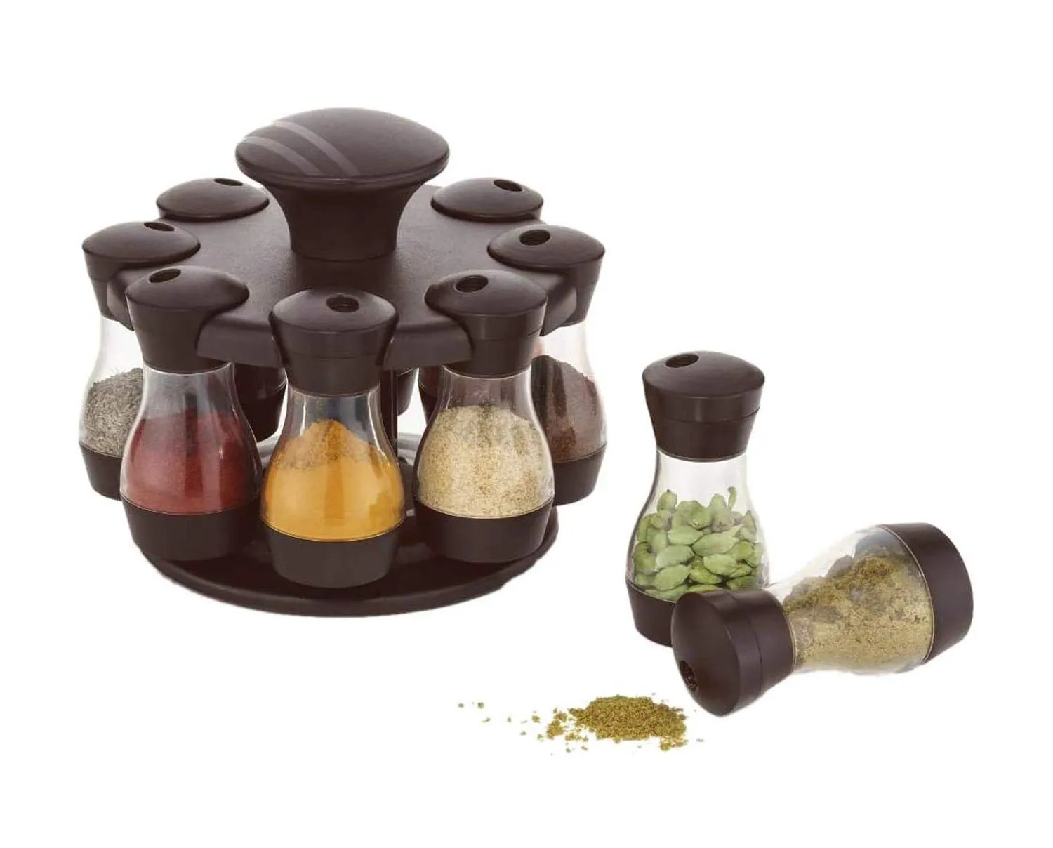 Kuber Industries 2 Pieces Multipurpose Revolving Plastic Spice Rack 8 Pieces Masala Box/Condiment Set/Masala Boxes for Kitchent (Brown) - CTKTC030862