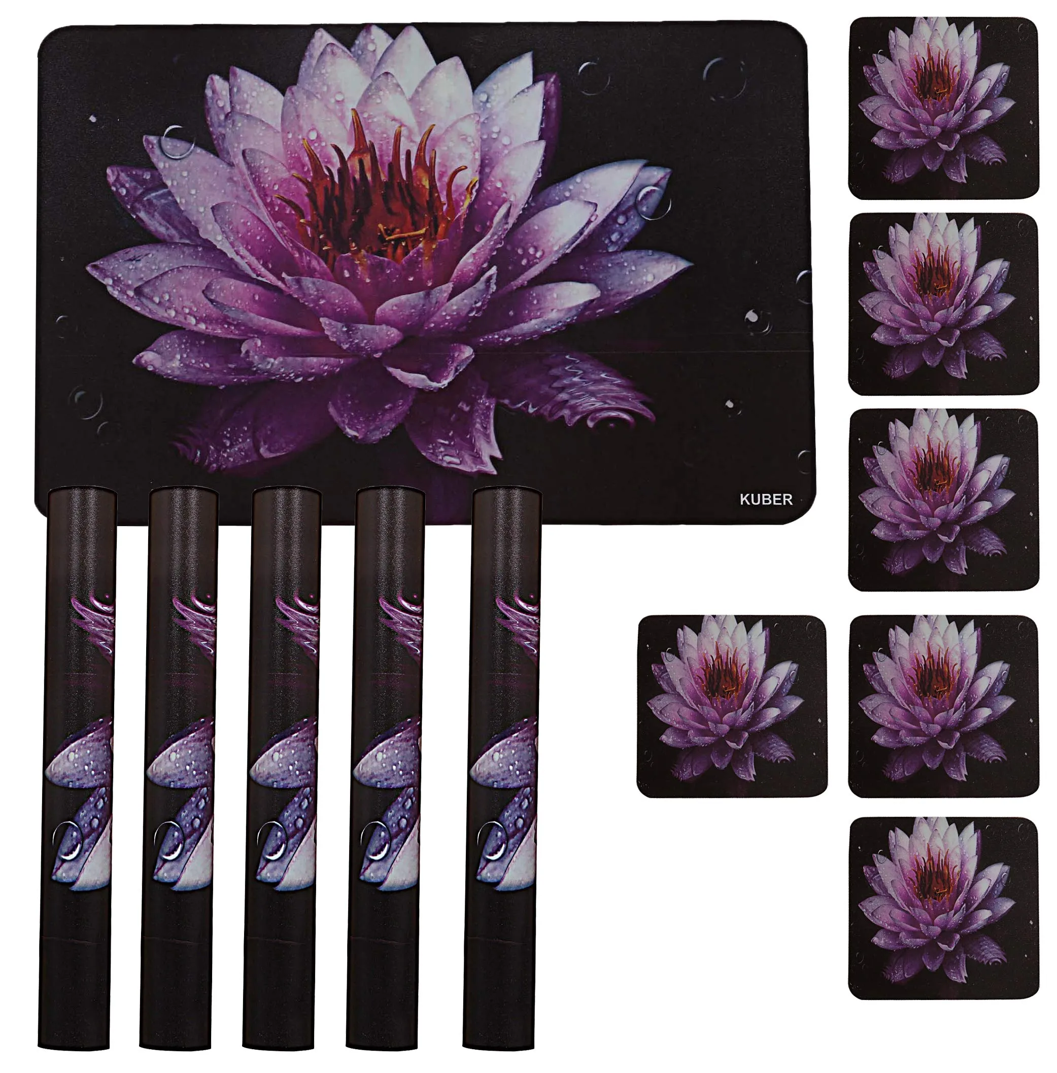 Kuber Industries Lotus Printed PVC 6 Pieces Dining Table Placemat with Tea Coasters Set (Black)-CTKTC14396