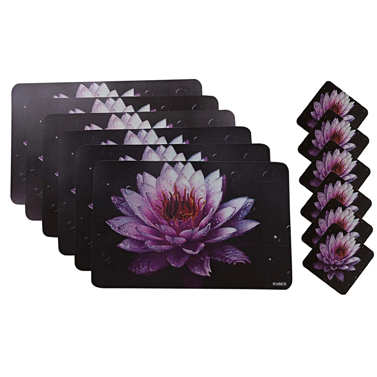 Kuber Industries Lotus Printed PVC 6 Pieces Dining Table Placemat with Tea Coasters Set (Black)-CTKTC14396