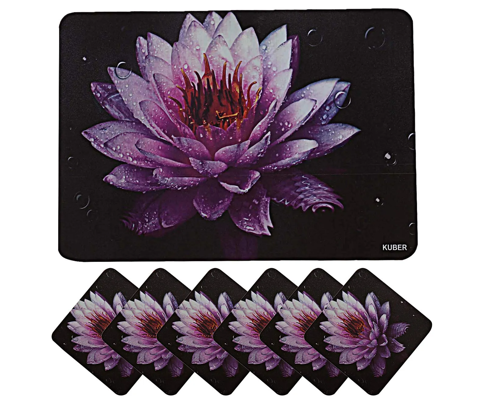 Kuber Industries Lotus Printed PVC 6 Pieces Dining Table Placemat with Tea Coasters Set (Black)-CTKTC14396