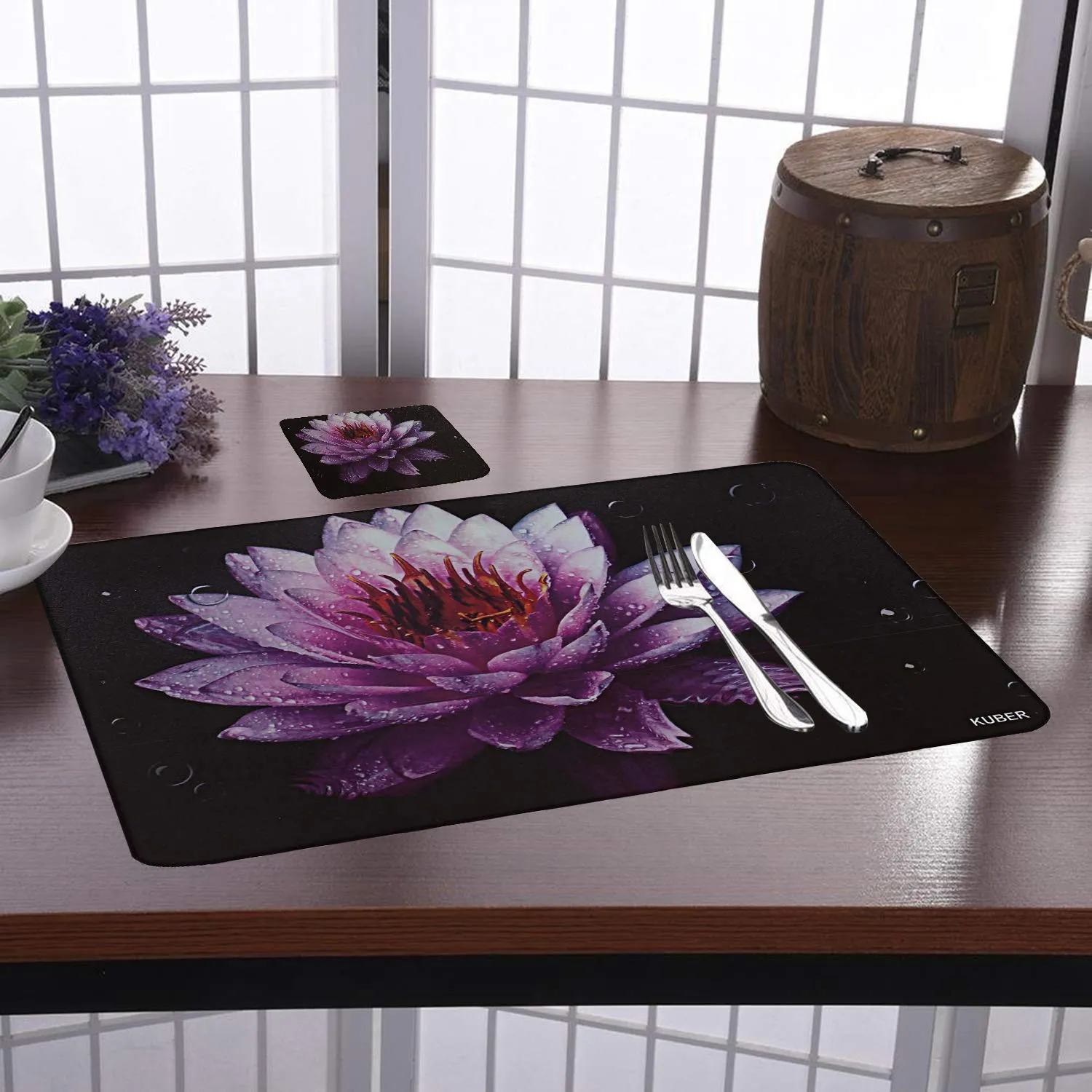 Kuber Industries Lotus Printed PVC 6 Pieces Dining Table Placemat with Tea Coasters Set (Black)-CTKTC14396