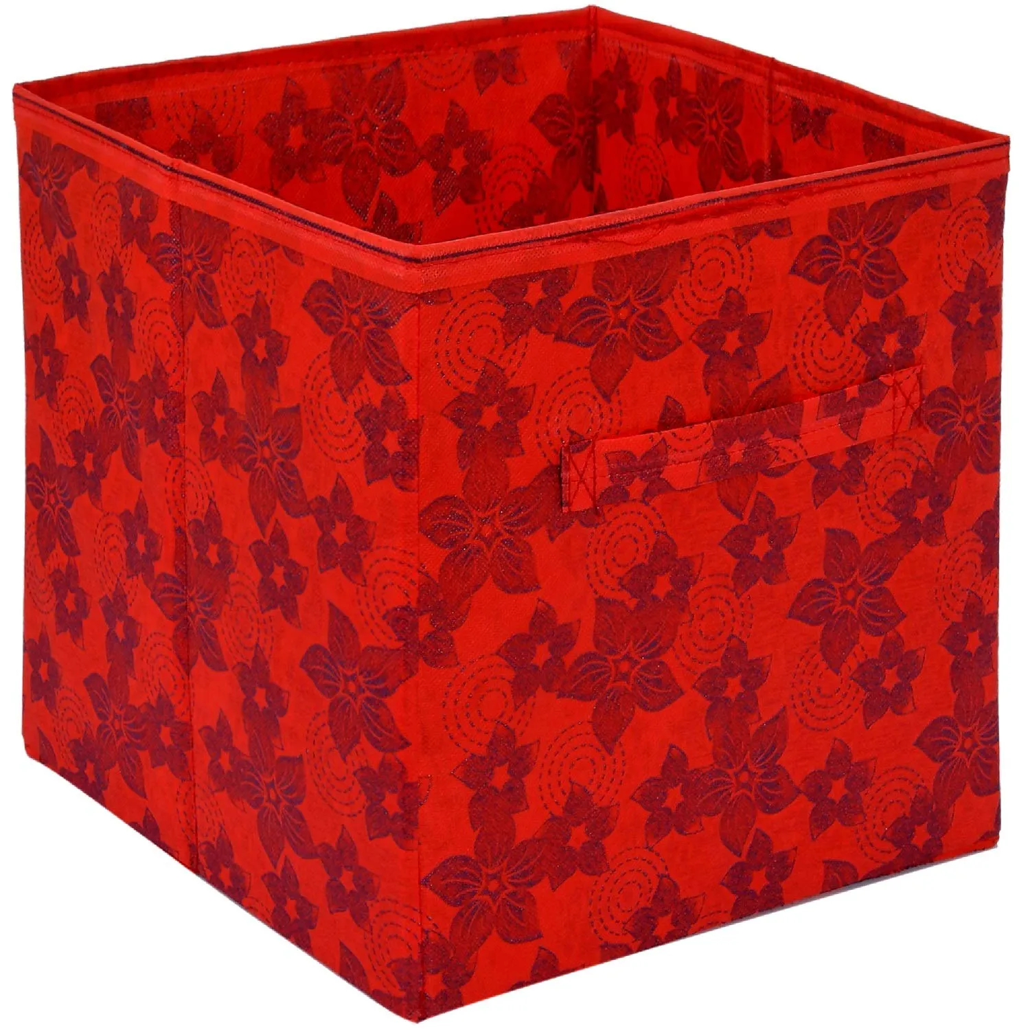 Kuber Industries Metallic Flower Printed Multipurposes Storage Box/Organizer With Handles (Red) -HS43KUBMART26261