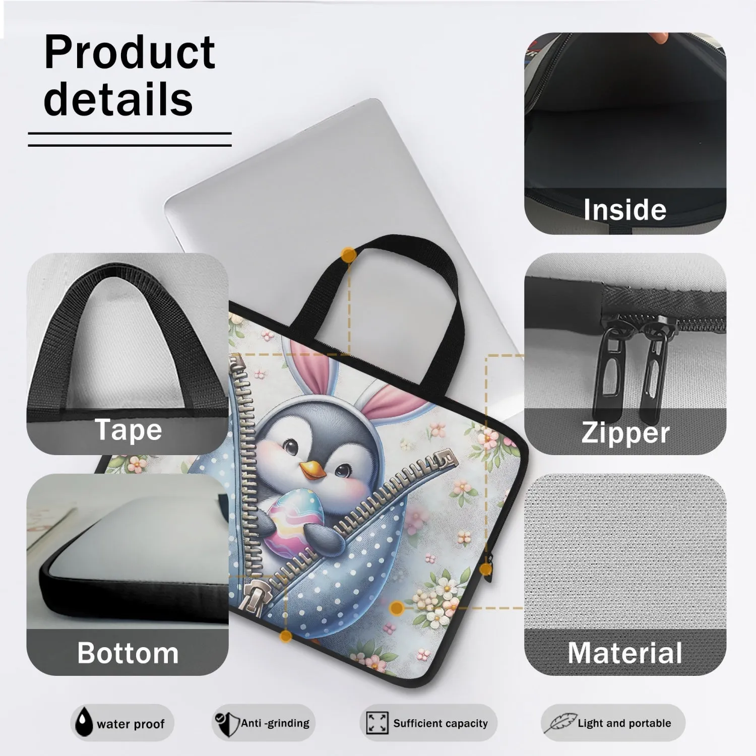 Laptop Sleeve with handles - Penguin - Bunny Ears