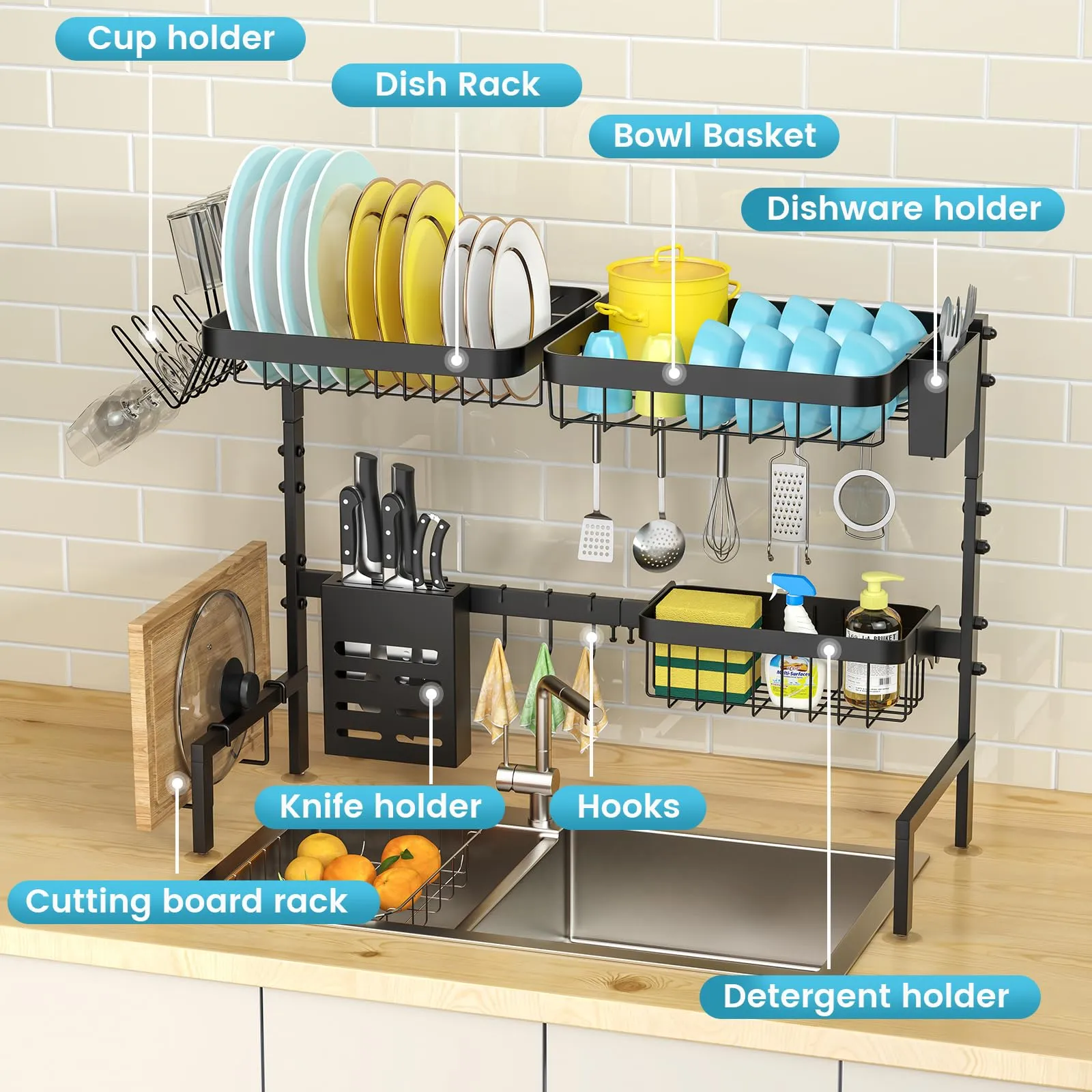 Merrybox Over the Sink Dish Drying Rack Adjustable 25 33in Baskets Cup Holder