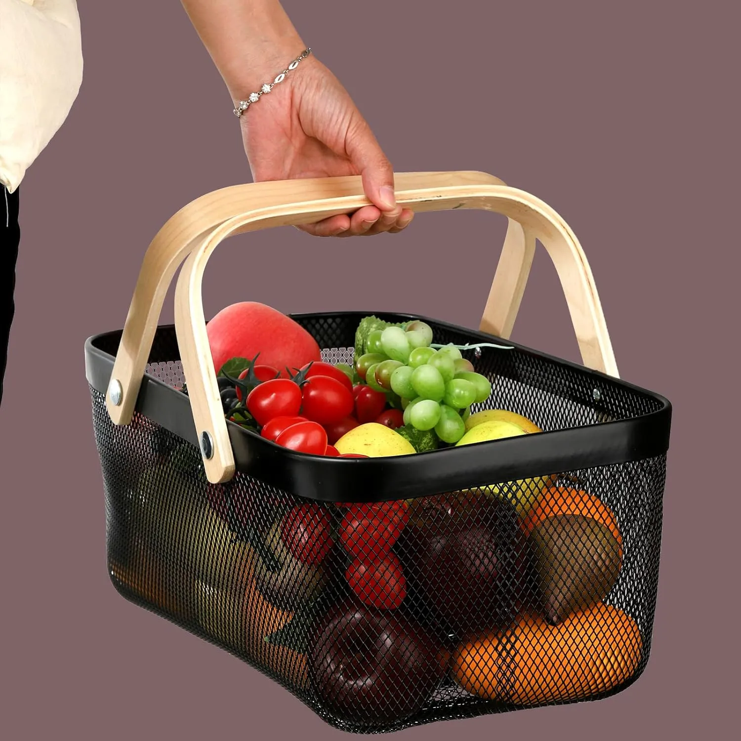 Mesh Harvest Basket with Handle, Multi-Functional Metal Wire Bin for Fruits, Vegetables, and Picnics