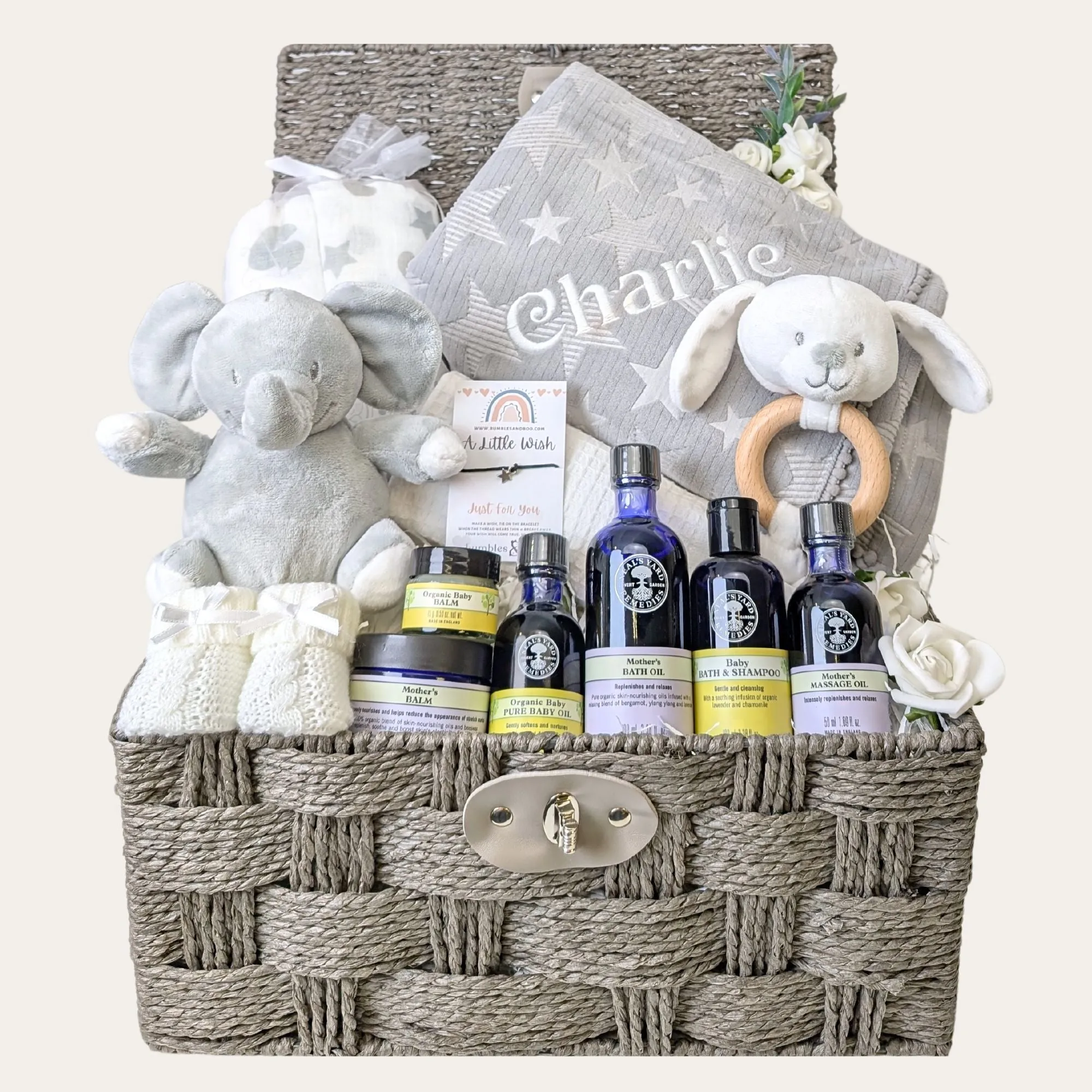 New Mum & Baby Gift Basket, Pure & Natural Skincare, Elephant & Bunny Playtime