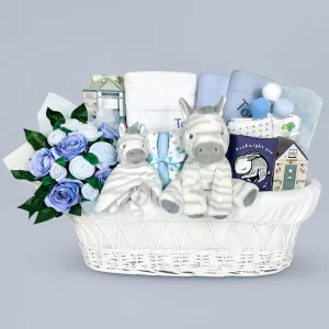 Personalised Zachary Zebra Moses Basket Baby Hamper, Blue