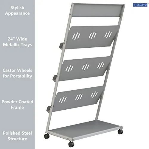 Pragati Systems Prime Quality Crca Steel Gemini 3-Tray Magazine Display Stand, Grey, Tiered Floor Standing Or Tabletop Shelf