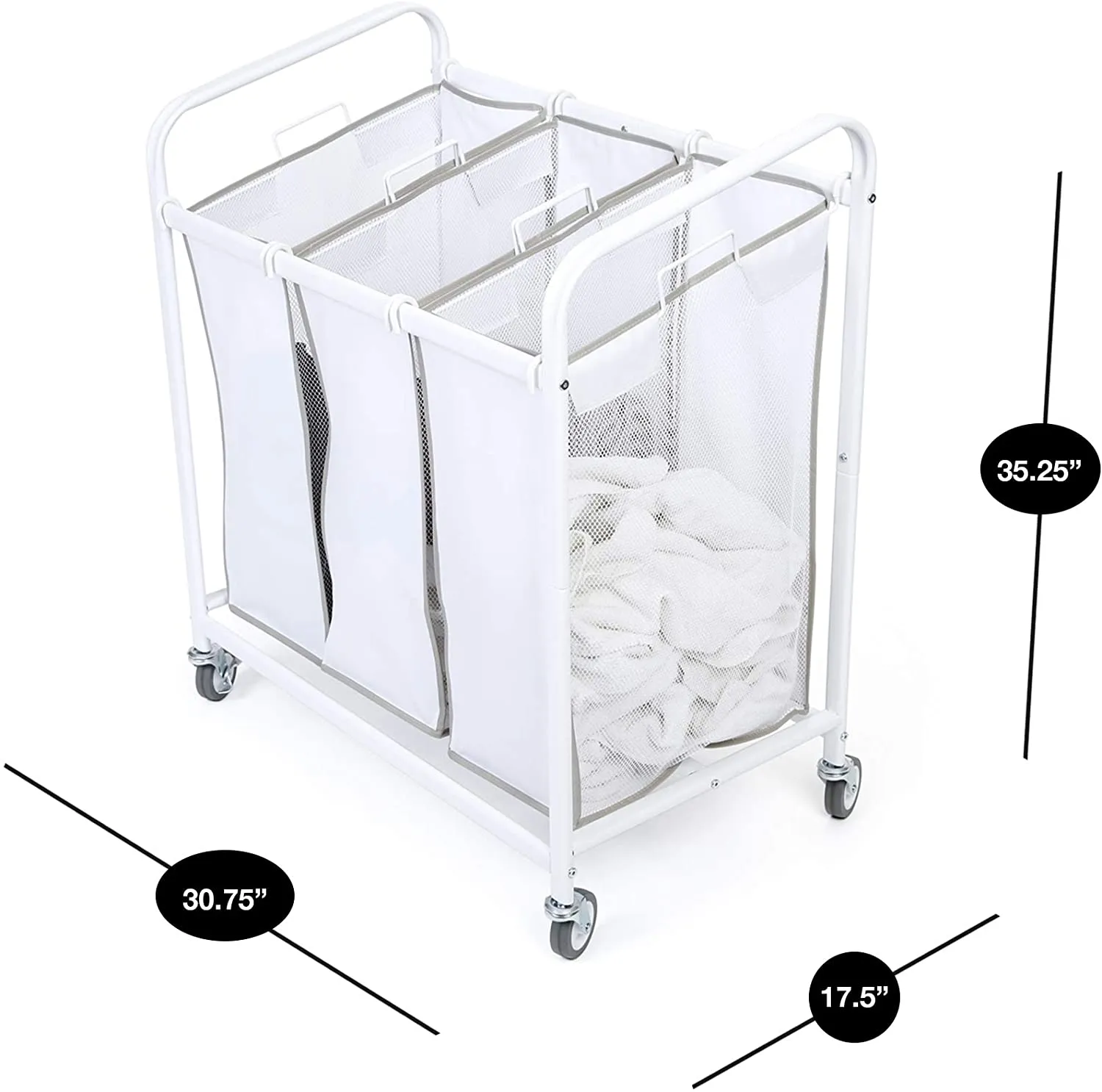 Premium Rolling 3-Compartment Mesh Laundry Sorter Hamper with Wheels and Handles - Holds 9 Loads