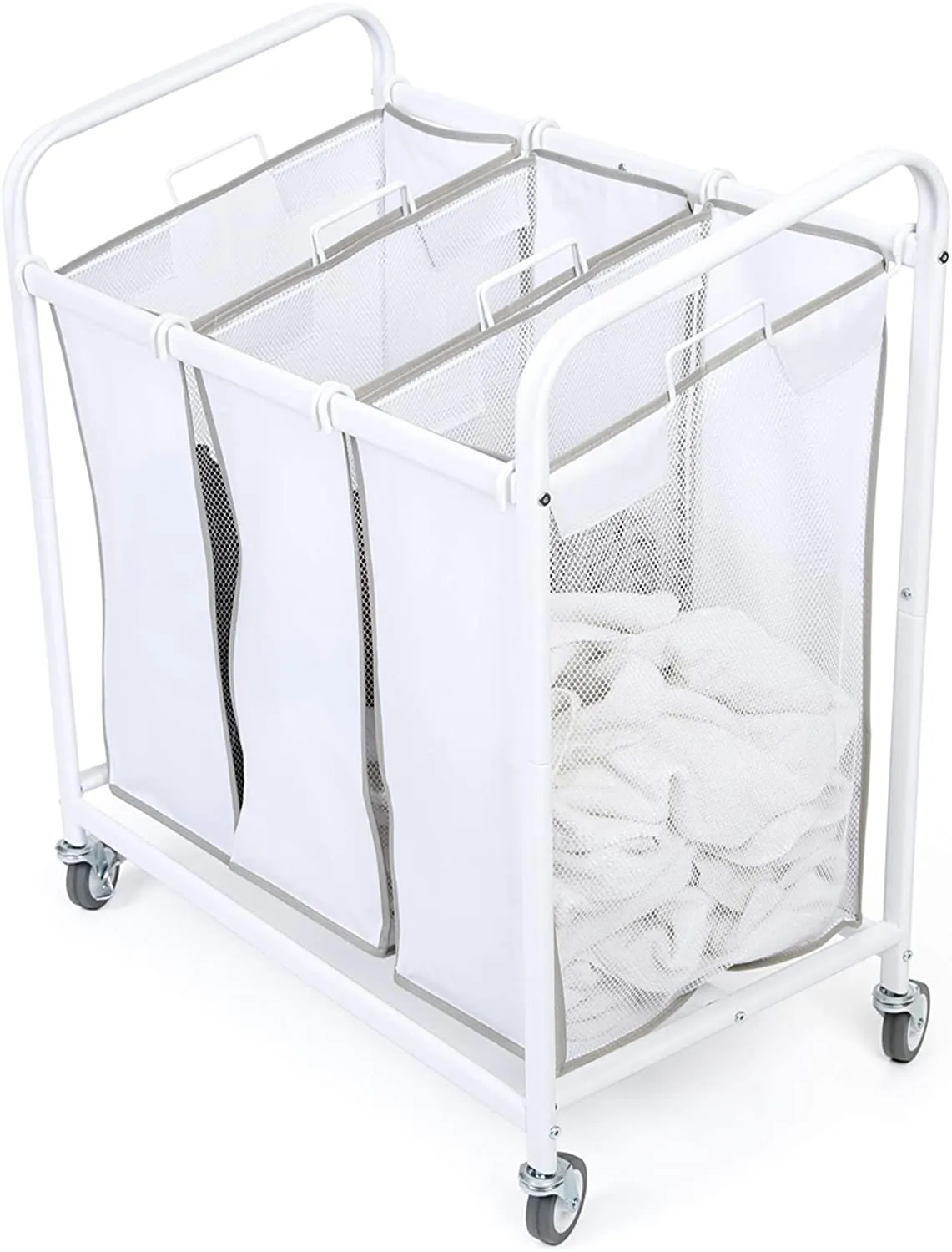 Premium Rolling 3-Compartment Mesh Laundry Sorter Hamper with Wheels and Handles - Holds 9 Loads