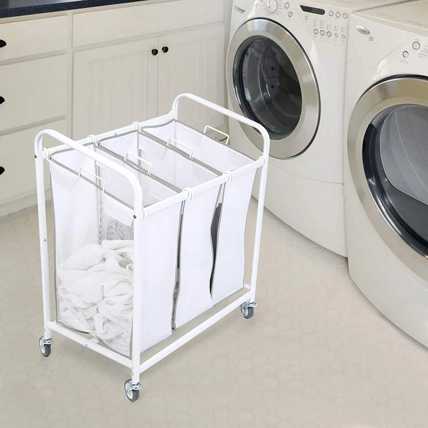 Premium Rolling 3-Compartment Mesh Laundry Sorter Hamper with Wheels and Handles - Holds 9 Loads