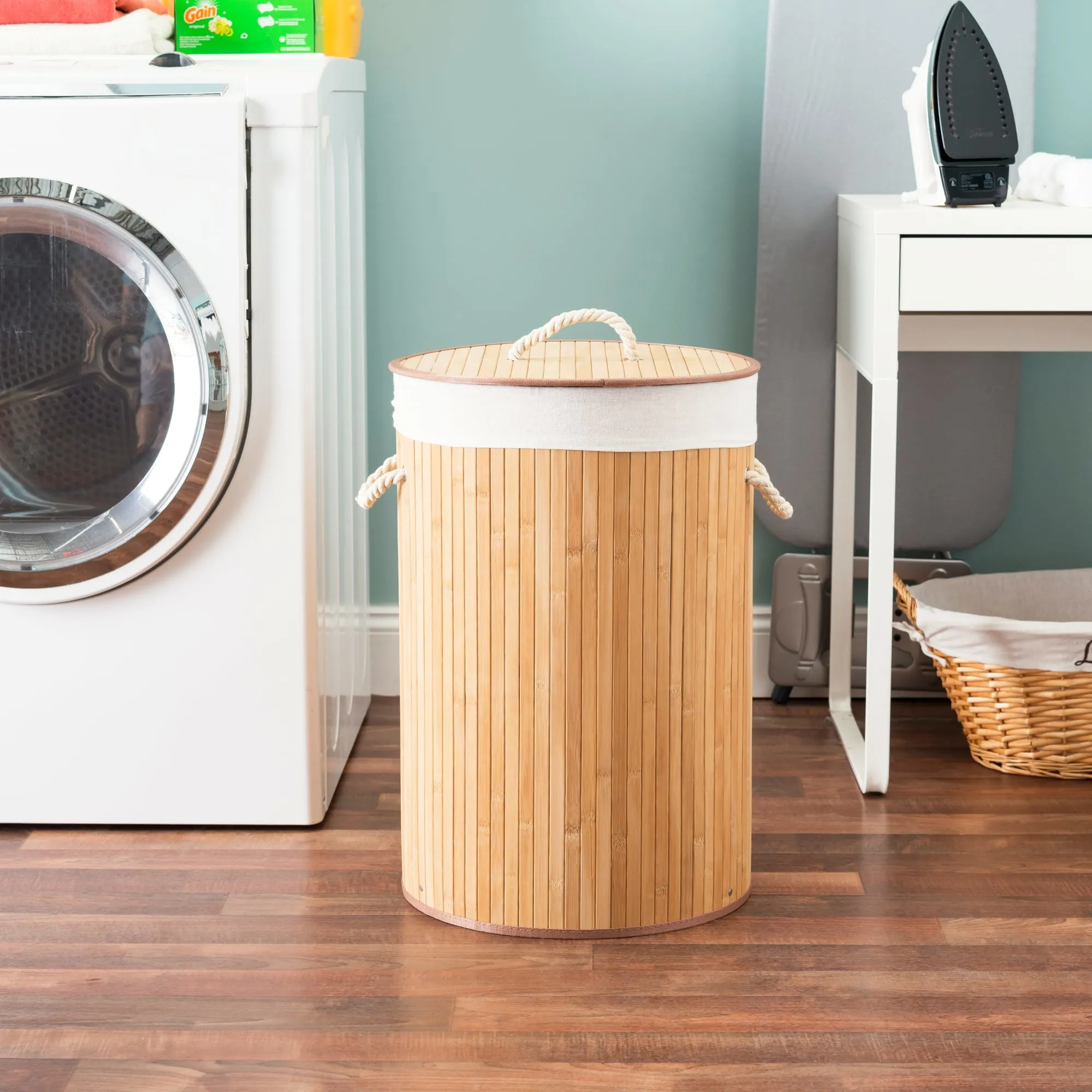 Round Foldable Bamboo Hamper, Natural