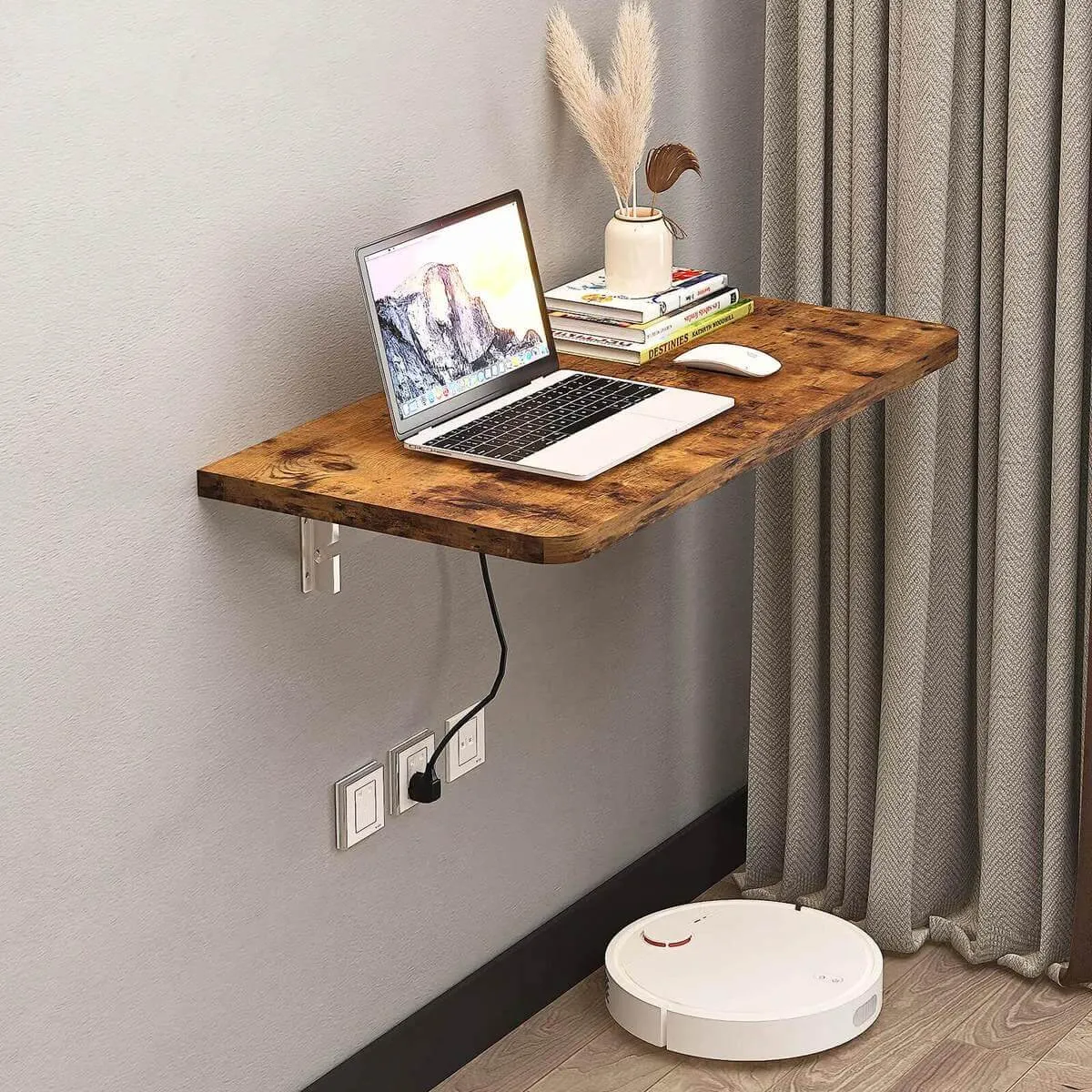 Rustic Brown Wood Wall Mounted Fold Down Desk