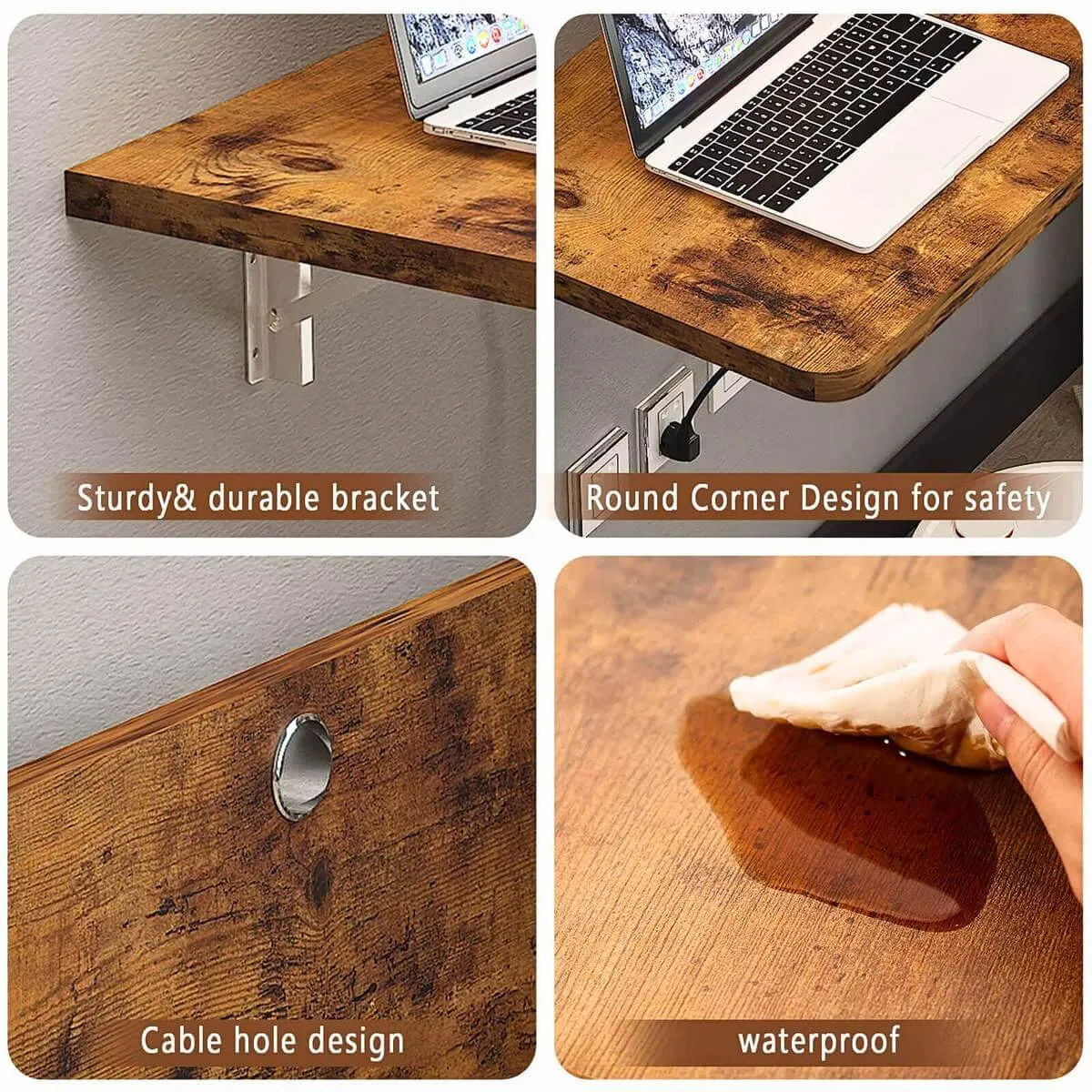 Rustic Brown Wood Wall Mounted Fold Down Desk