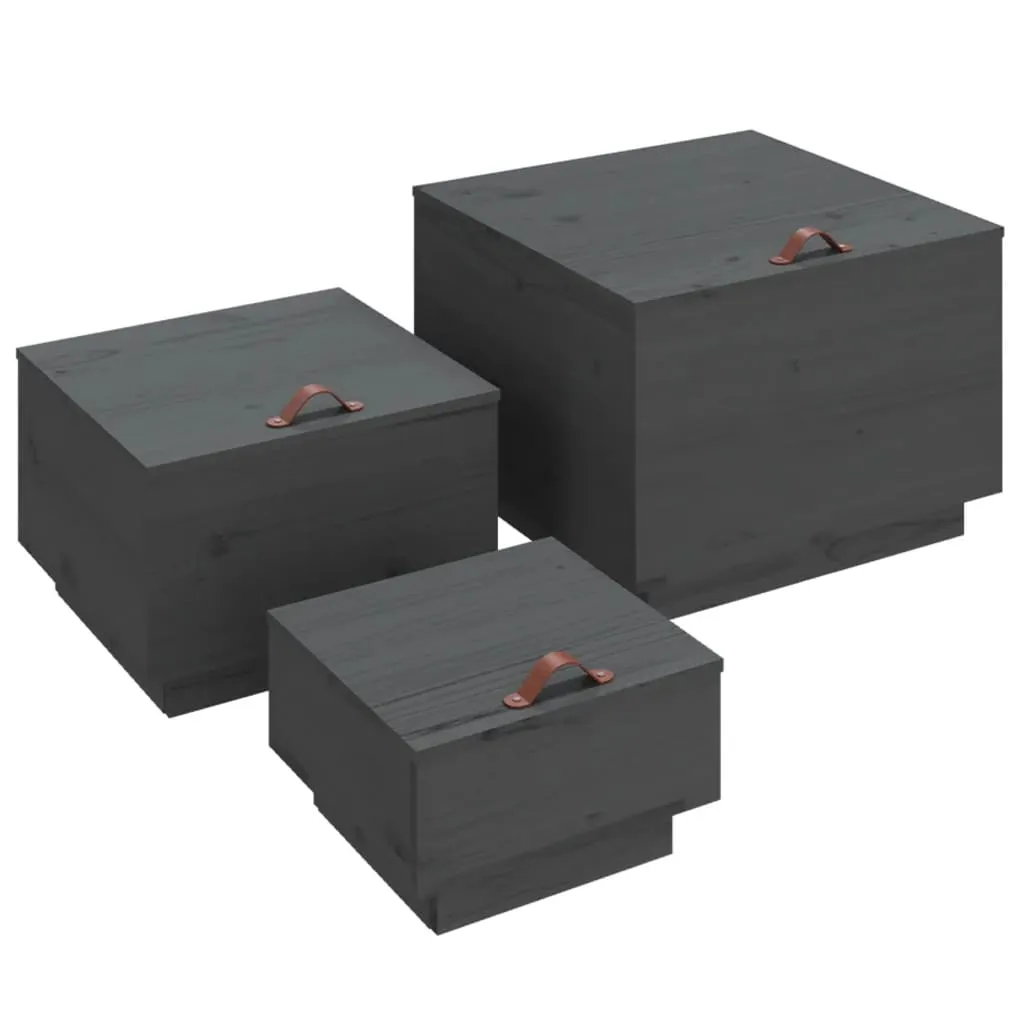 Storage Boxes with Lids 3 pcs Grey Solid Wood Pine