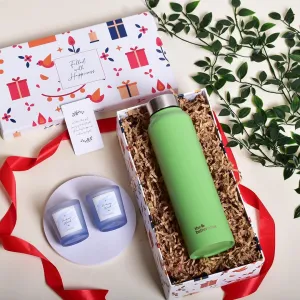 The Better Home Gift Set for Housewarming, Diwali | Gift Box of 3 with Stainless Steel Bottle(Green, 1 LTR) & 2 Candles(Arabian Wood,60gm) | Gift for Housewarming,Secret Santa Gifts