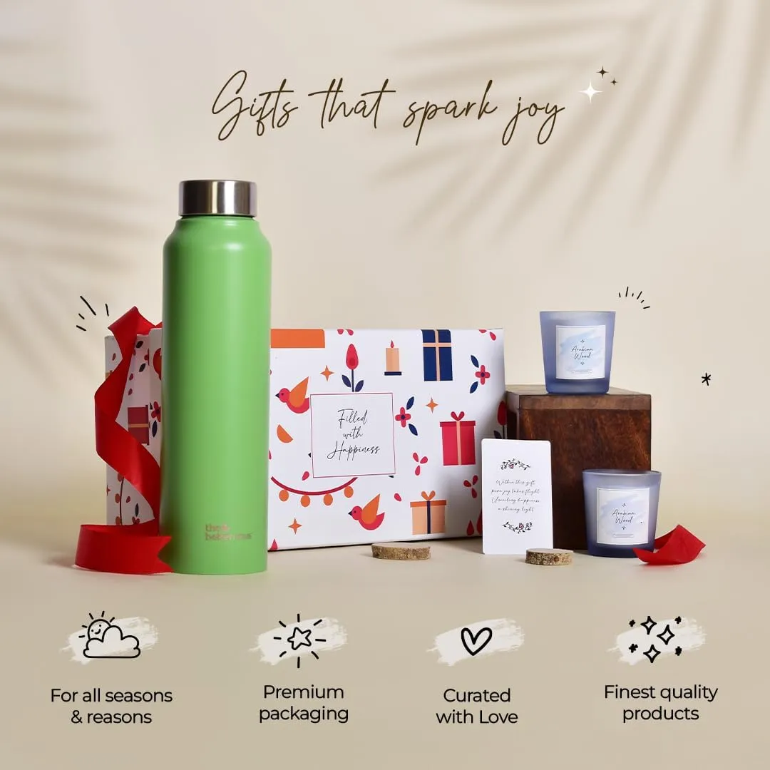 The Better Home Gift Set for Housewarming, Diwali | Gift Box of 3 with Stainless Steel Bottle(Green, 1 LTR) & 2 Candles(Arabian Wood,60gm) | Gift for Housewarming,Secret Santa Gifts