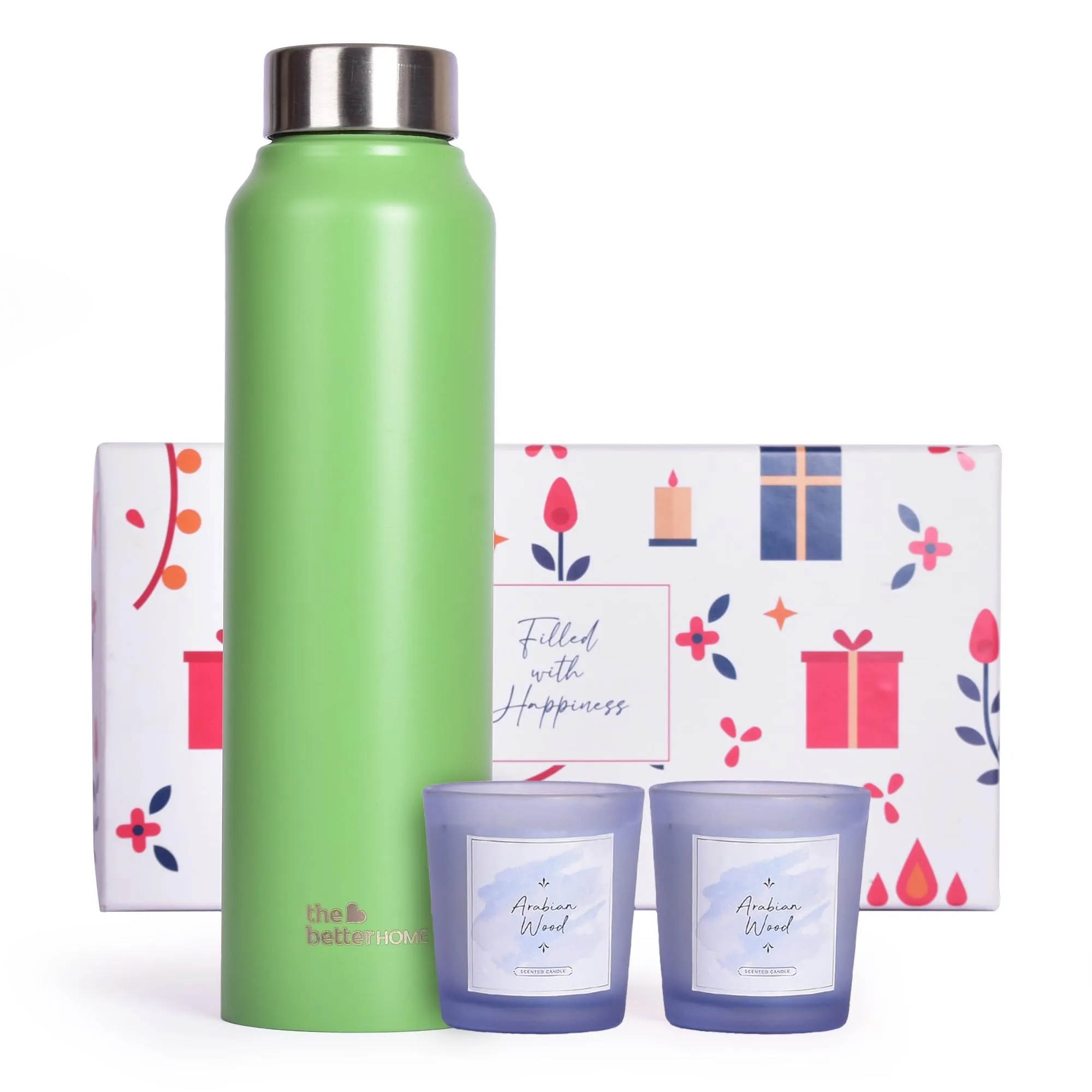 The Better Home Gift Set for Housewarming, Diwali | Gift Box of 3 with Stainless Steel Bottle(Green, 1 LTR) & 2 Candles(Arabian Wood,60gm) | Gift for Housewarming,Secret Santa Gifts