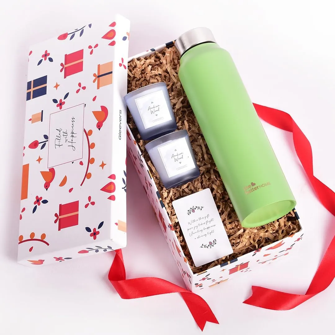 The Better Home Gift Set for Housewarming, Diwali | Gift Box of 3 with Stainless Steel Bottle(Green, 1 LTR) & 2 Candles(Arabian Wood,60gm) | Gift for Housewarming,Secret Santa Gifts