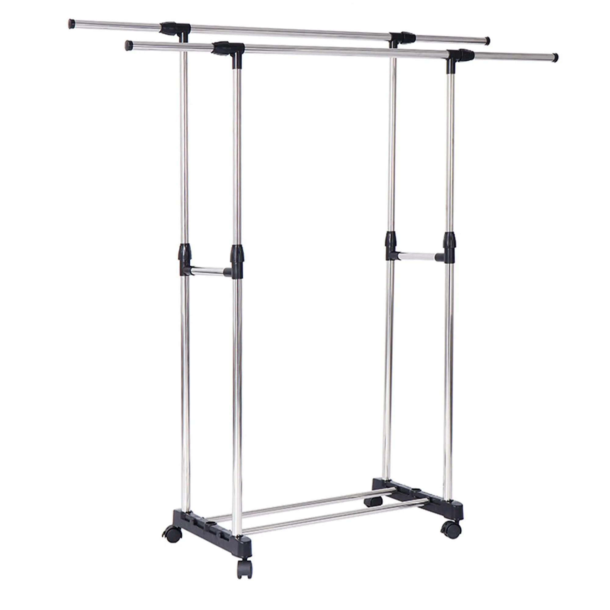 Urbane Home Double Rod Adjustable Clothing Rack | Stainless Steel| Foldable Garment Organiser on Wheels| Rolling Bars|Color-Black| 8006-1BK