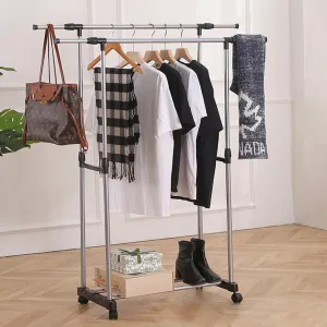 Urbane Home Double Rod Adjustable Clothing Rack | Stainless Steel| Foldable Garment Organiser on Wheels| Rolling Bars|Color-Black| 8006-1BK