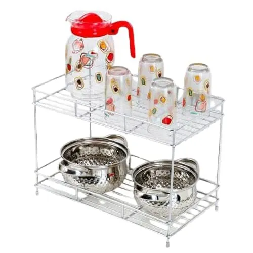 Zepdos Stainless Steel 2-Tier Kitchen Rack & Organizer Spice Rack & Container Organizer, Utensils Dishes Spices Jar Holder Rack & Cup & Glass Holder (2 Layer Rack, Tiered Shelf), Countertop, Tabletop